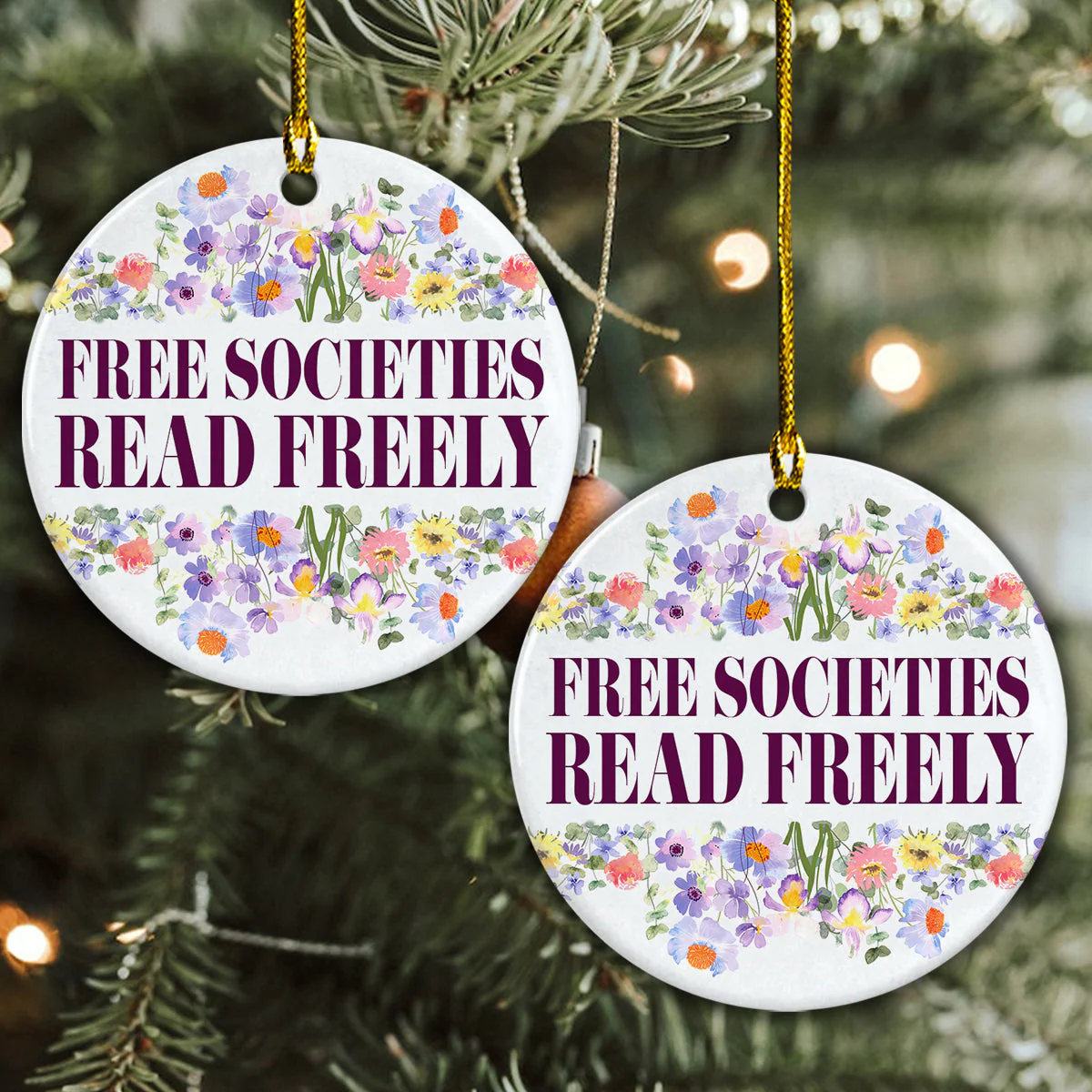 Librarian Ceramic Christmas Ornament - Free Societies Read Freely Circle Ceramic Ornament, Perfect Gift For Christmas, Holiday Decor - Image 2