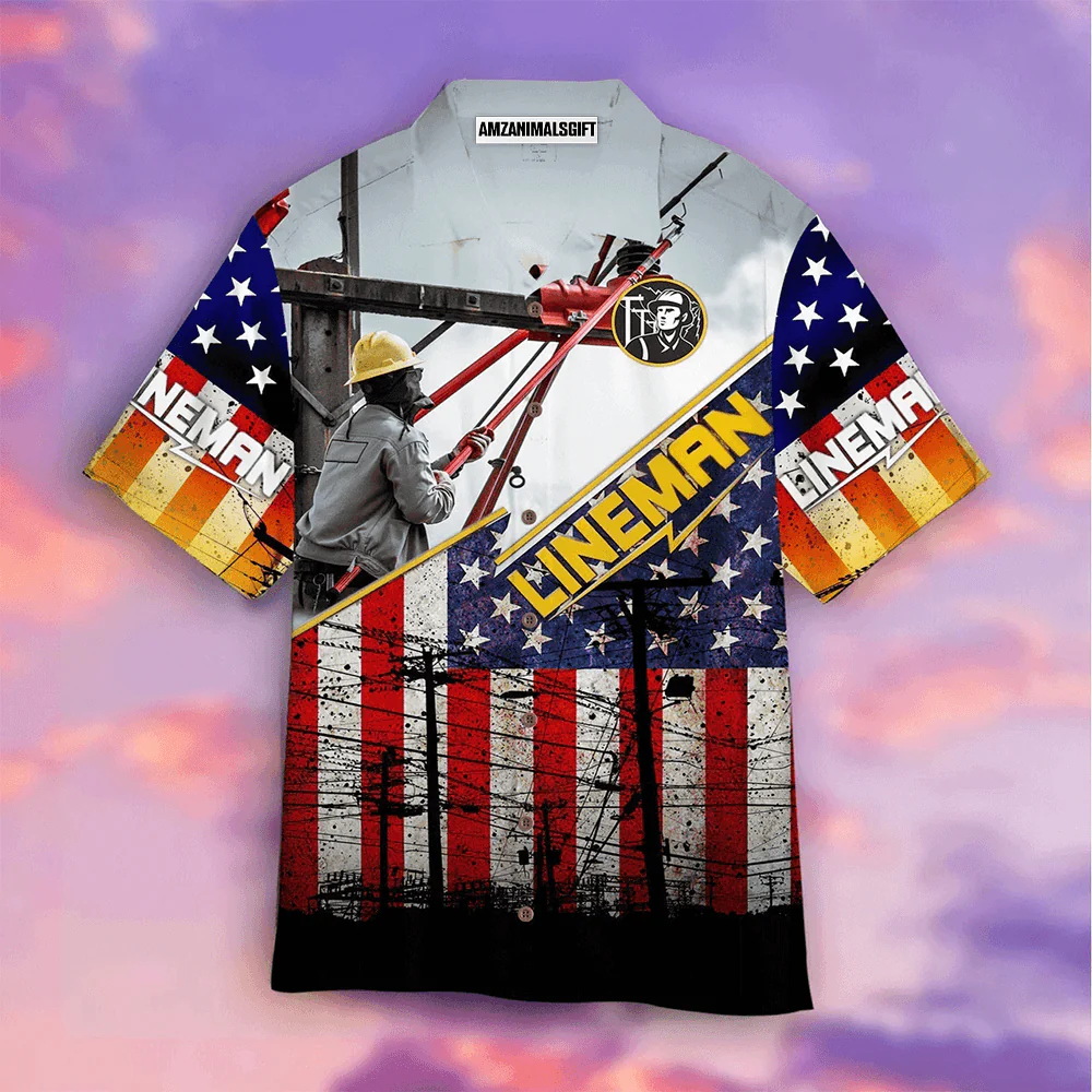Lineman American Flag Patriotic Aloha Hawaiian Shirts For Men Women, 4th July Gift For Summer, Friend, Family, Independence Day, Lineman Lovers - Image 2