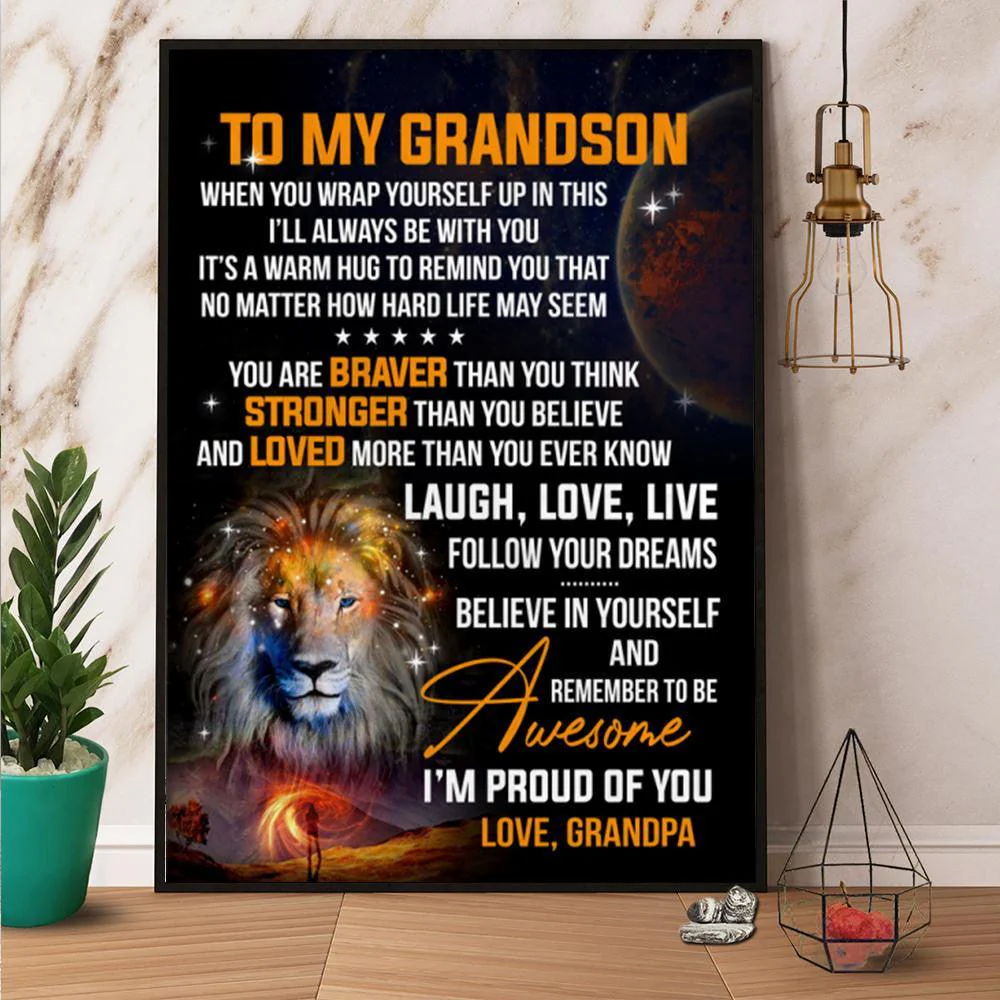 Lion Portrait Canvas For Grandson - Lion To My Grandson Follow Your Dream Canvas, Perfect Gift For Grandson From Grandfather, Lion Love