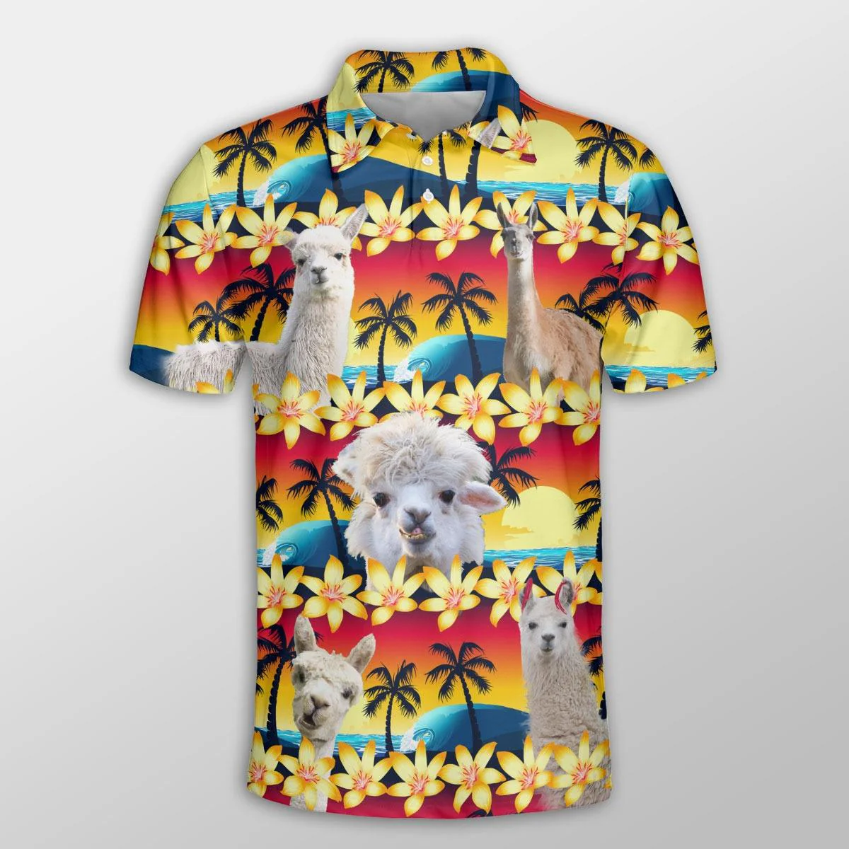 Llama Men Polo Shirts For Summer - Llama Beach Sunset Pattern Button Shirts For Men - Perfect Gift For Llama Lovers, Cattle Lovers