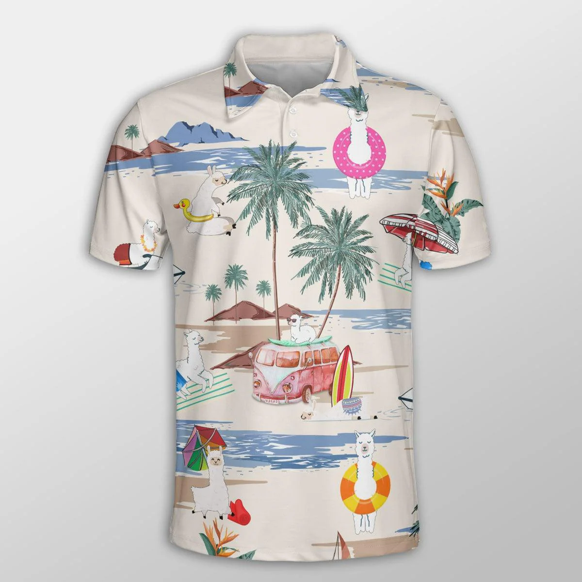 Llama Men Polo Shirts For Summer - Llama Summer Beach Pattern Button Shirts For Men - Perfect Gift For Llama Lovers, Cattle Lovers