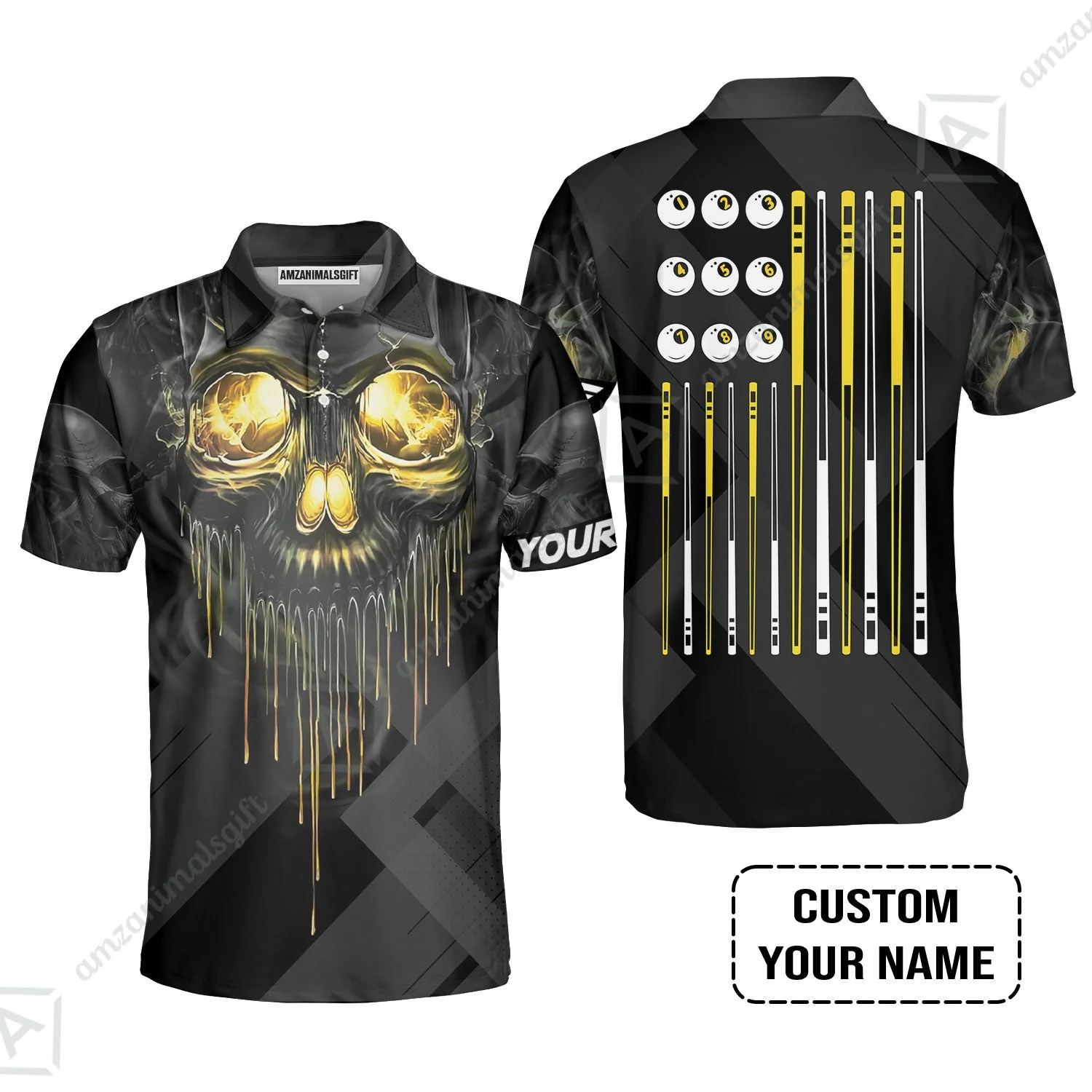 Long Sleeve Men Polo Shirt - Billiards Pool Player Skull Custom Polo Shirt, Skull Billiards Shirt For Billiards Players, Personalized Billiards Gift - Image 3