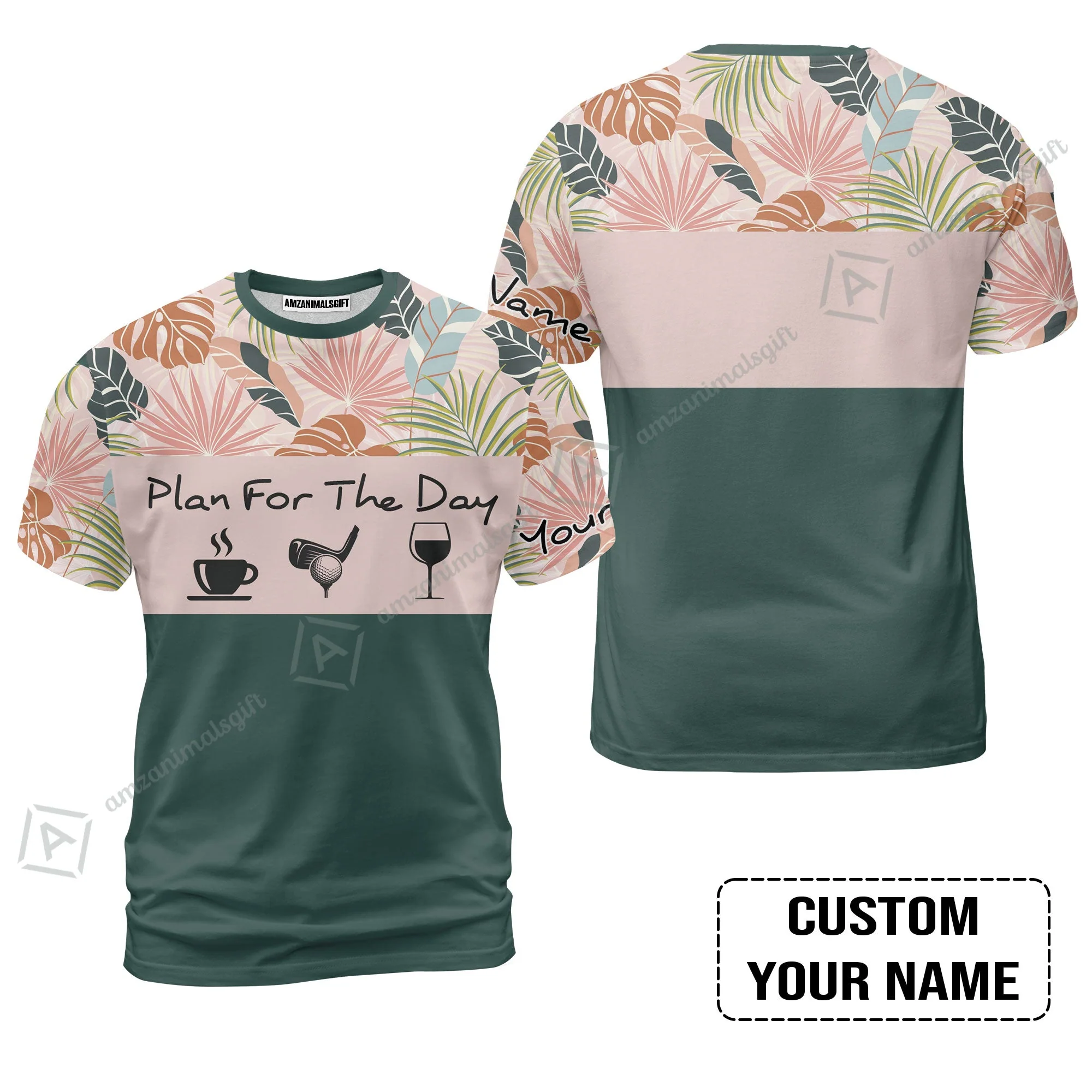 Long Sleeve Men Polo Shirt - Custom Name Tropical Leaves Floral Apparel - Plan For The Day Coffee Golf Wine - Image 9