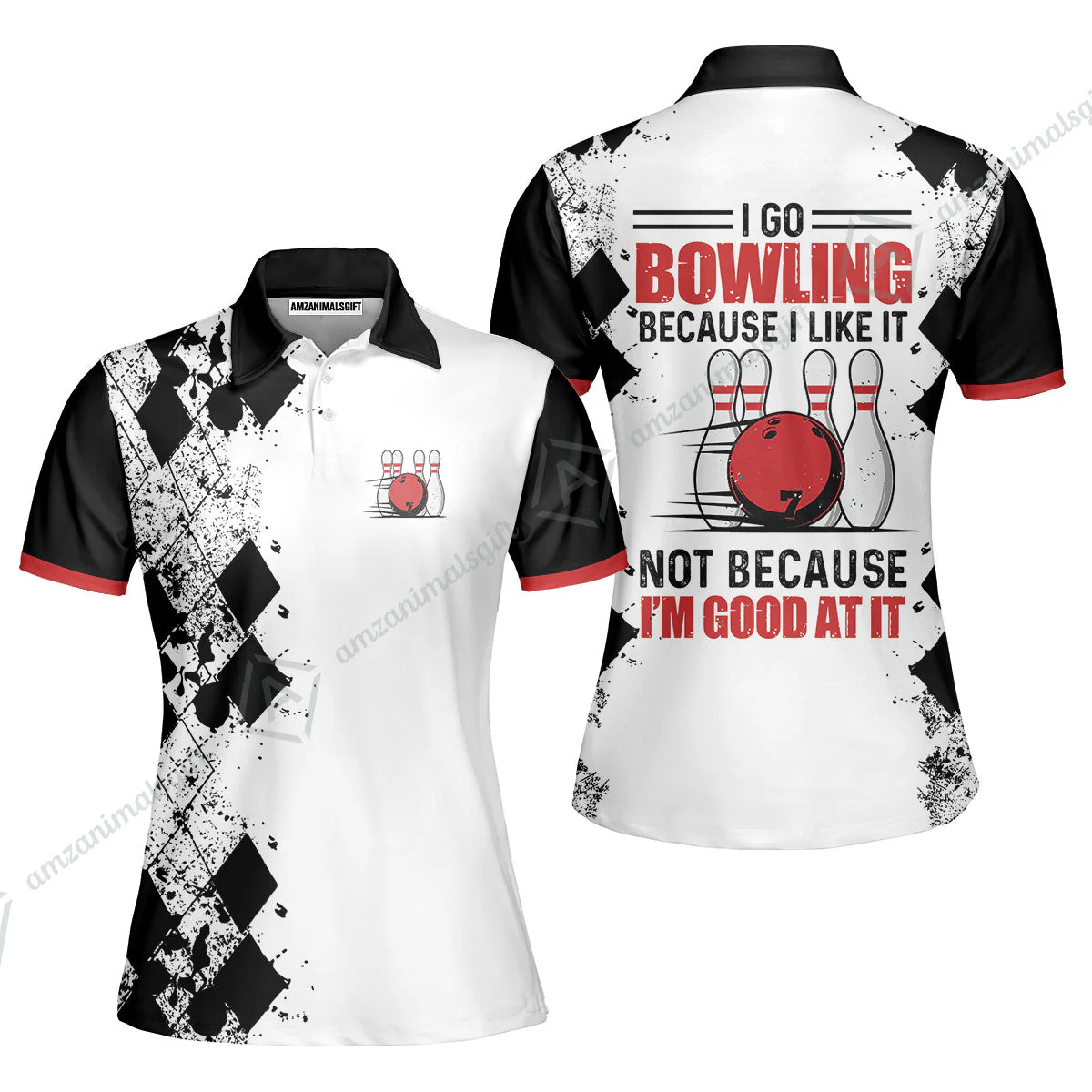 Long Sleeve Men Polo Shirt - I Go Bowling Because I Like It Men Polo Shirt, Black Argyle Pattern Shirt Design, Best Polo Style Bowling Shirt - Image 9