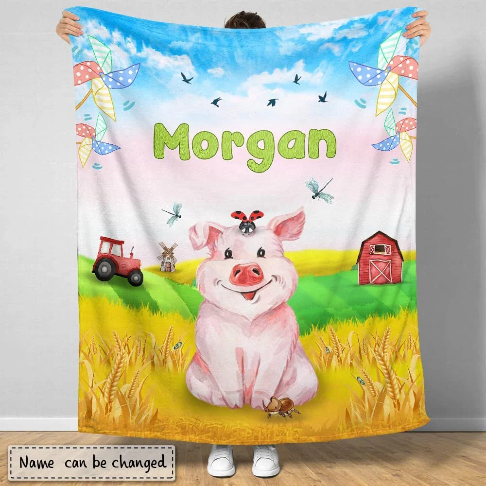 Lovely Pig And Farm Baby Kids Blanket With Custom Name For Baby Girl Nursery, Daughter, Granddaughter - Image 2