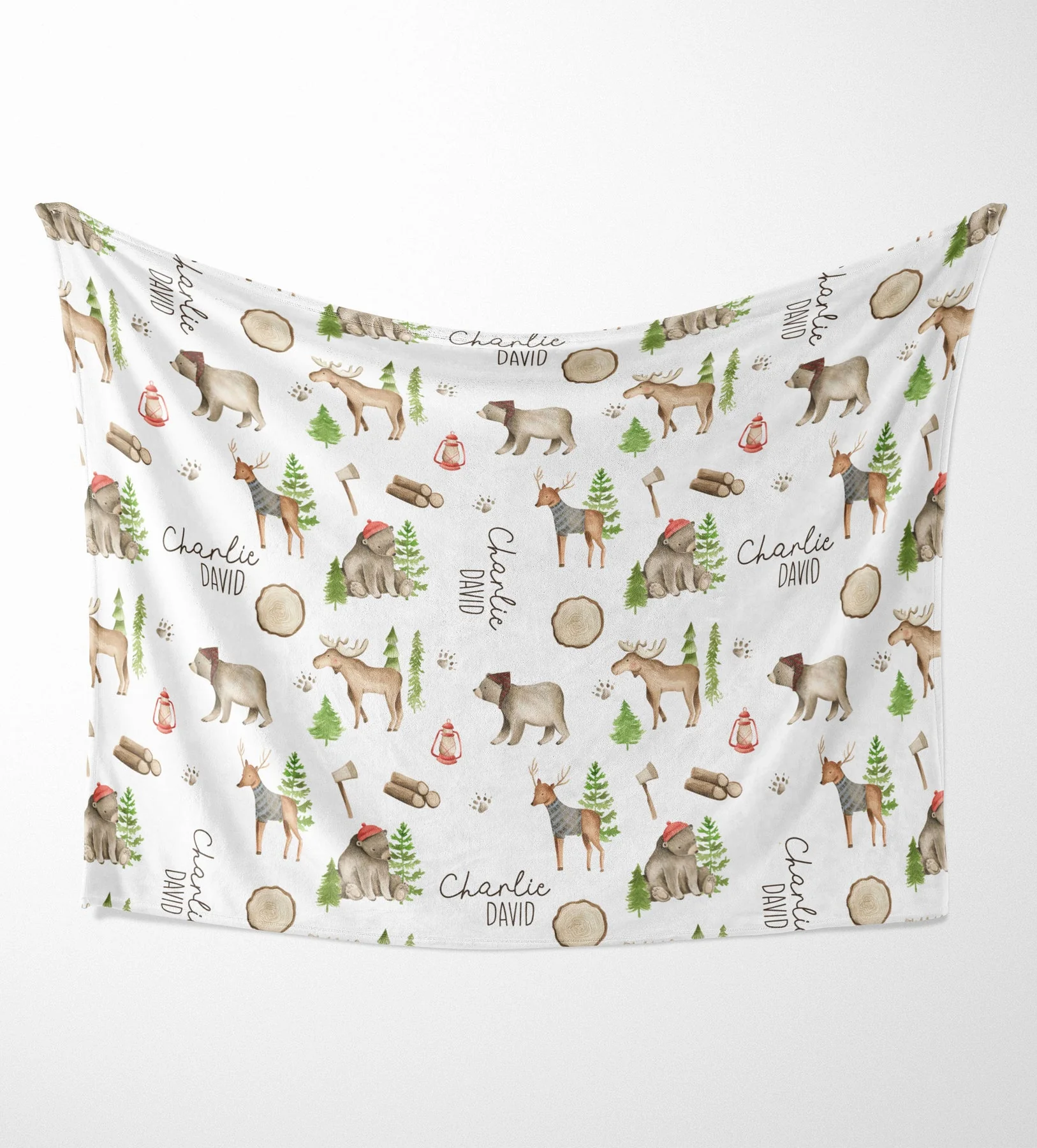 Lumberjack And Woodland Baby Kids Blanket With Customized Name For Baby Nursery, Son, Daughter, Granddaughter, Grandson