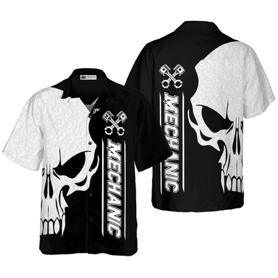 Mechanic Hawaiian Shirt, Mechanic Proud Skull Black White Aloha Shirt For Men - Perfect Gift For Mechanic, Husband, Boyfriend, Friend, Family - Image 3