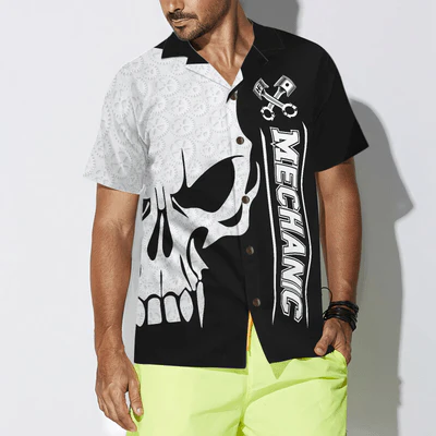 Mechanic Hawaiian Shirt, Mechanic Proud Skull Black White Aloha Shirt For Men - Perfect Gift For Mechanic, Husband, Boyfriend, Friend, Family - Image 4