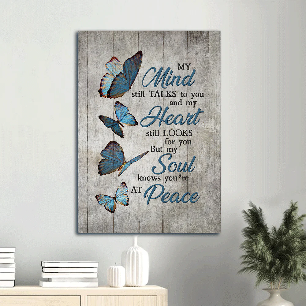 Memorial Portrait Canvas- Blue butterfly, Grey background canvas- Gift for members family- You are at peace - Heaven Portrait Canvas Prints, Wall Art