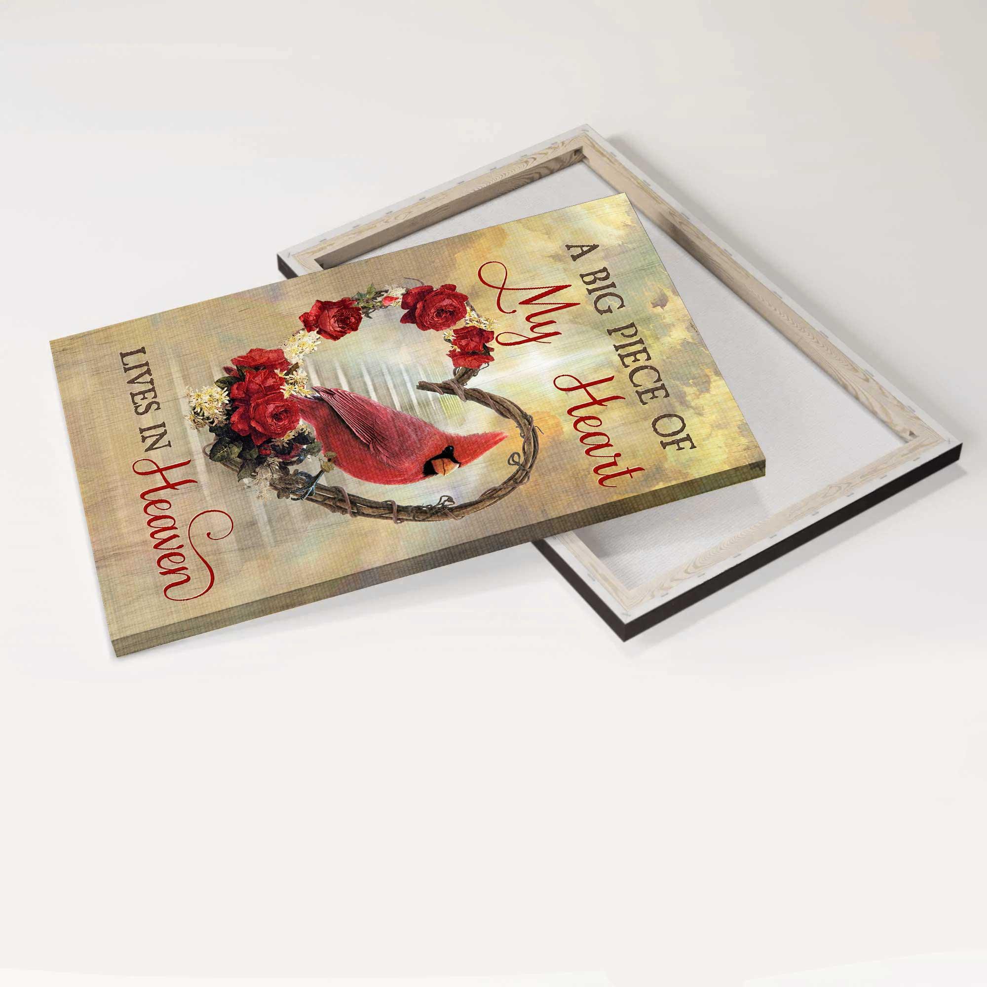 Memorial Portrait Canvas- Flower wreath, Red rose, Cardinal drawing canvas- Gift for members family- A big piece of my heart lives in heaven - Heaven Portrait Canvas Prints, Wall Art - Image 3