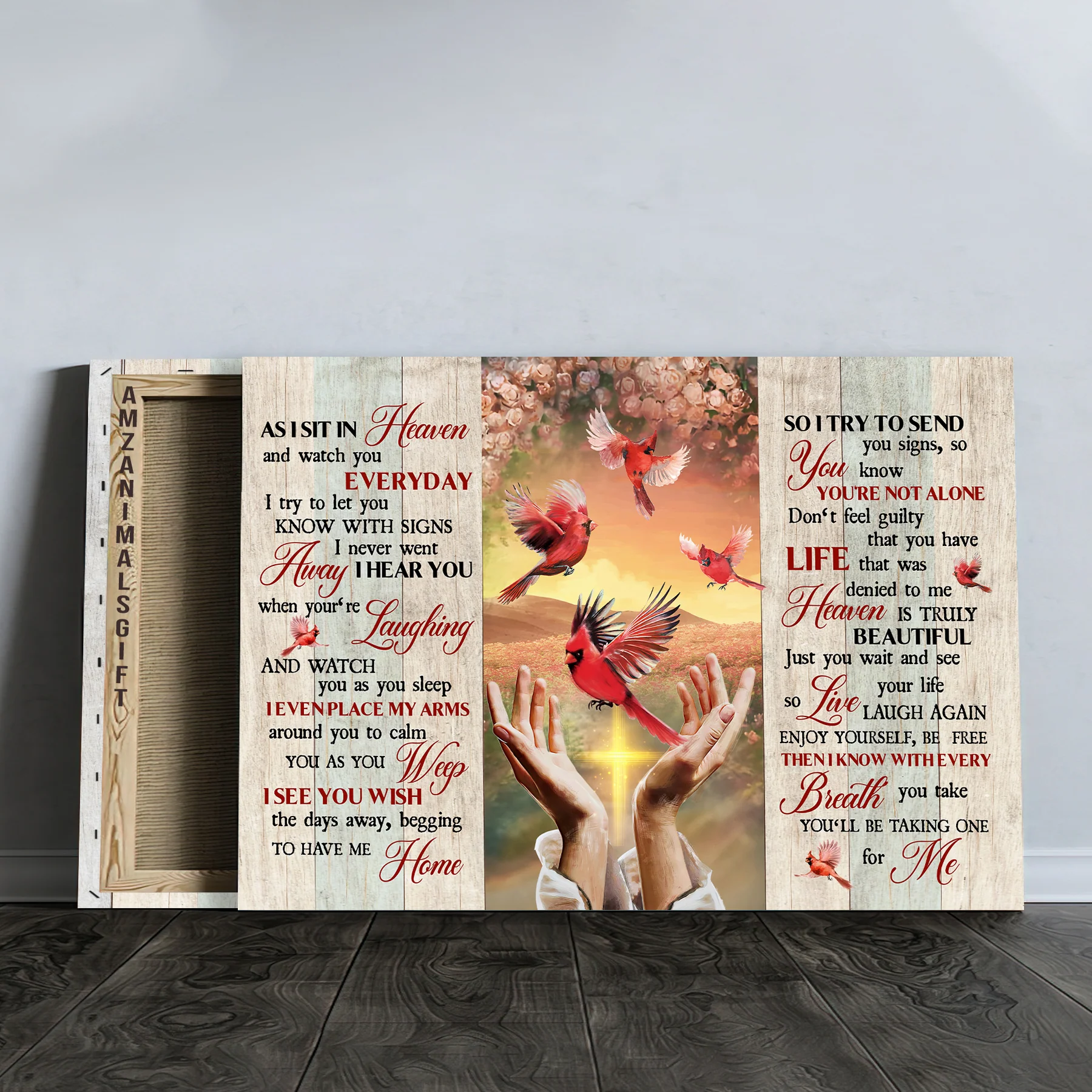 Memorial Premium Wrapped Landscape Canvas - Beautiful Cardinal, Rose Background, Pretty Sunset, As I Sit In Heaven - Perfect Gift For Members Family - Image 3