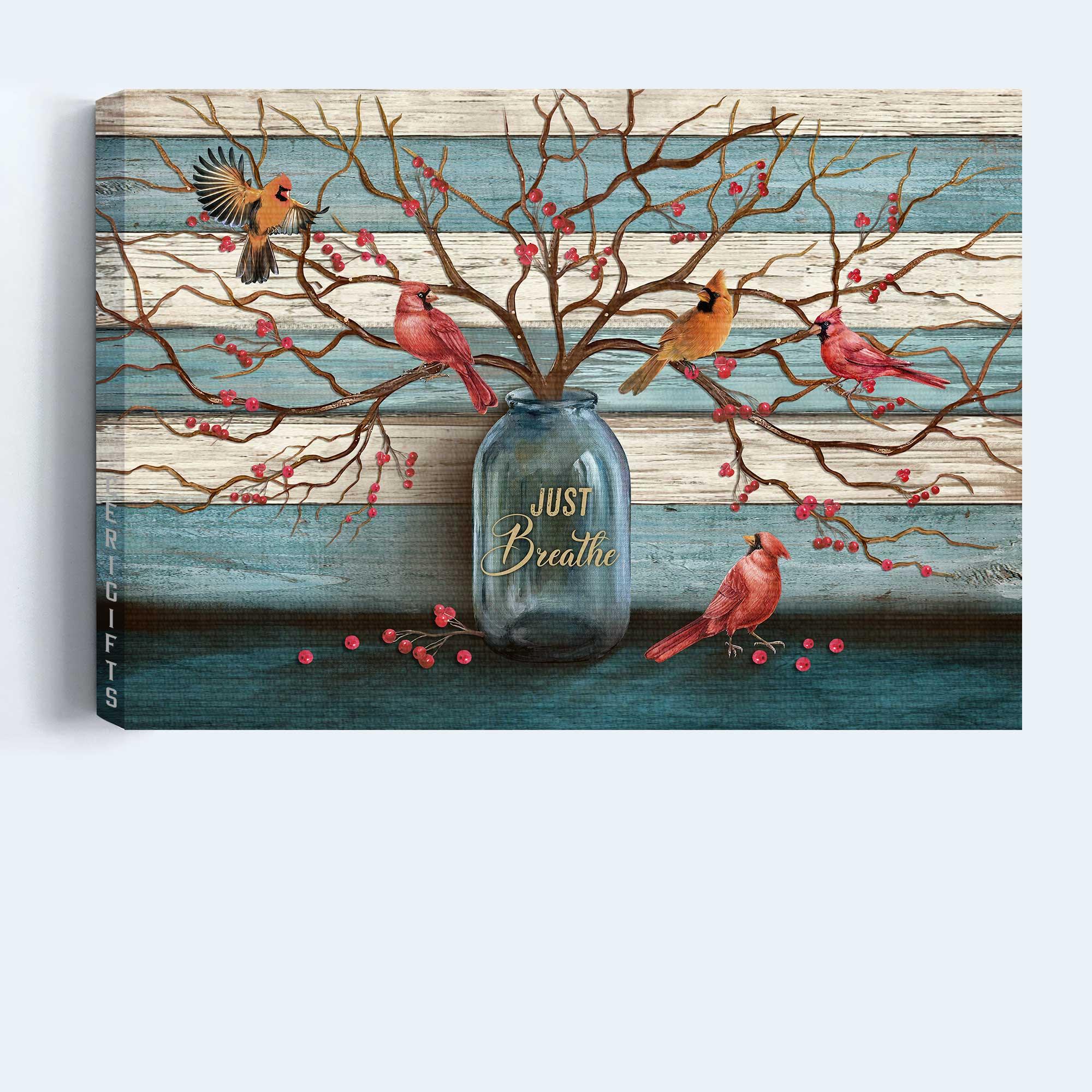 Memorial Premium Wrapped Landscape Canvas - Beautiful cranberry tree, Cardinal painting, Blue background, Just breathe - Heaven Gift For Family - Image 4