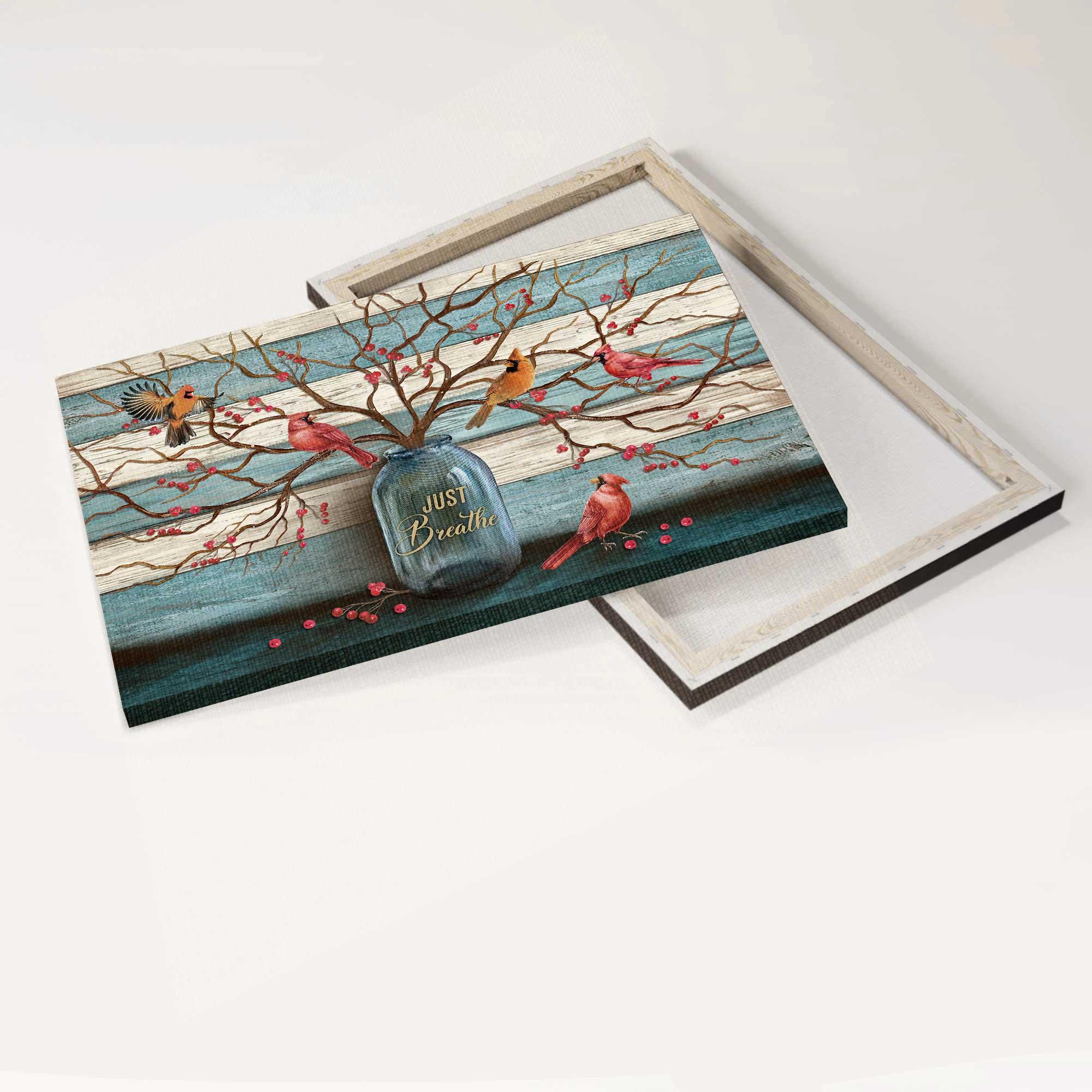 Memorial Premium Wrapped Landscape Canvas - Beautiful cranberry tree, Cardinal painting, Blue background, Just breathe - Heaven Gift For Family - Image 5