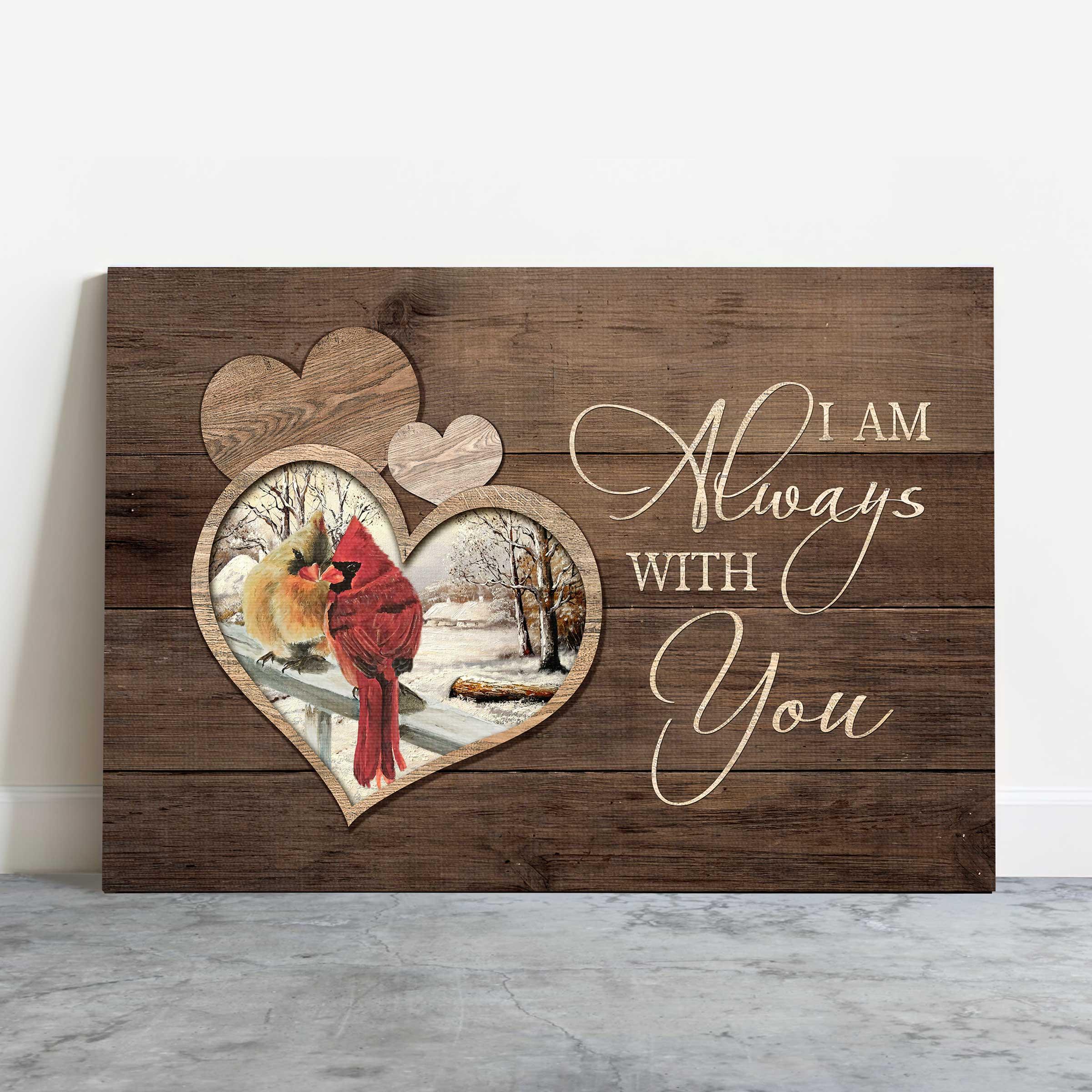 Memorial Premium Wrapped Landscape Canvas - Cardinal Couple, Heart Wooden Background, I Am Always With You - Heaven Gifts For Family Members - Image 2