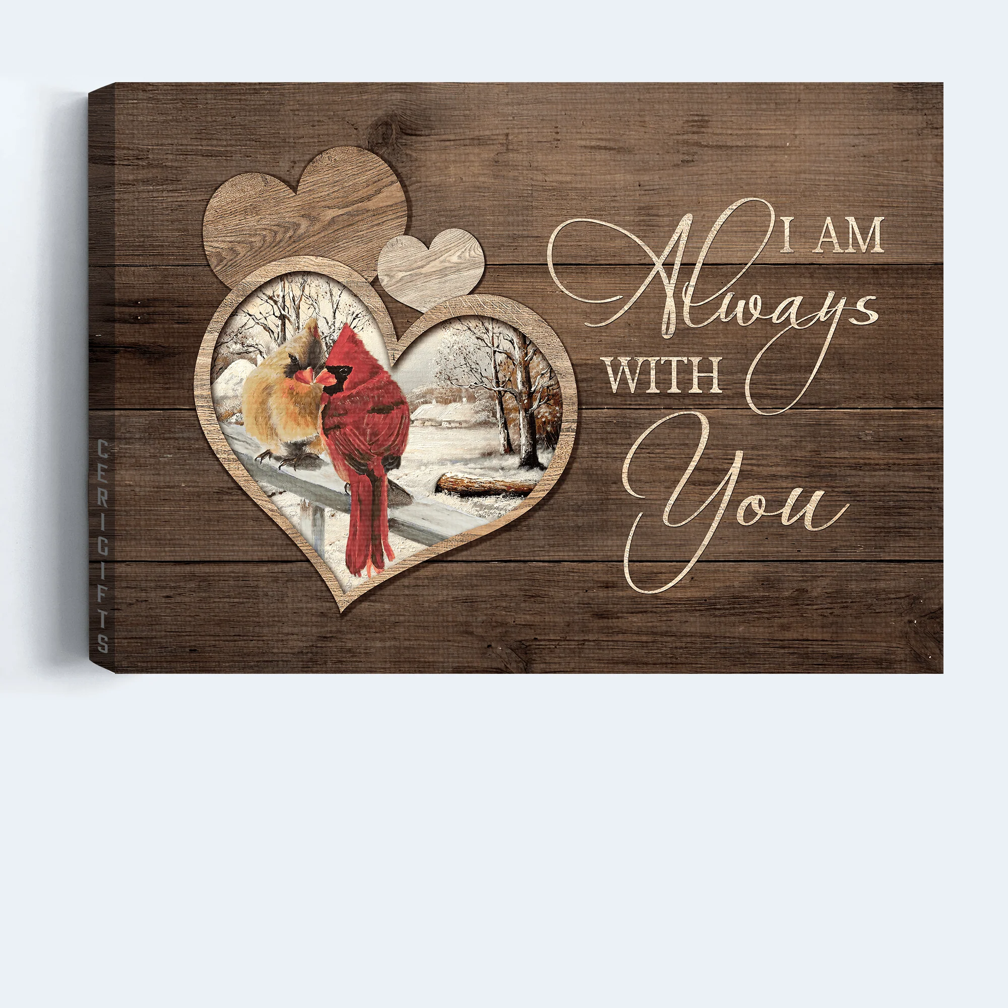 Memorial Premium Wrapped Landscape Canvas - Cardinal Couple, Heart Wooden Background, I Am Always With You - Heaven Gifts For Family Members - Image 4