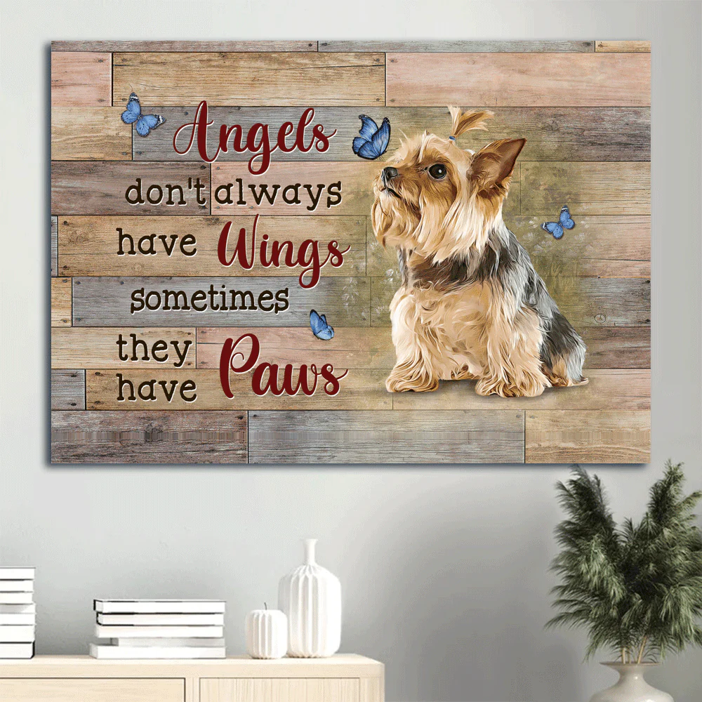Memorial Premium Wrapped Landscape Canvas - Little Yorkshire Terrier, Blue butterfly, Angels don't always have wings - Heaven Gifts for members family