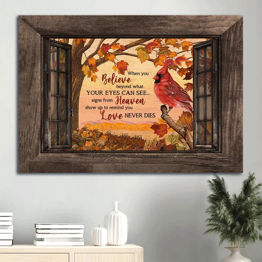 Memorial Premium Wrapped Landscape Canvas - Northern cardinal, Red maple leaf, Tree branch, Window frame, Love never dies - Gifts for members family