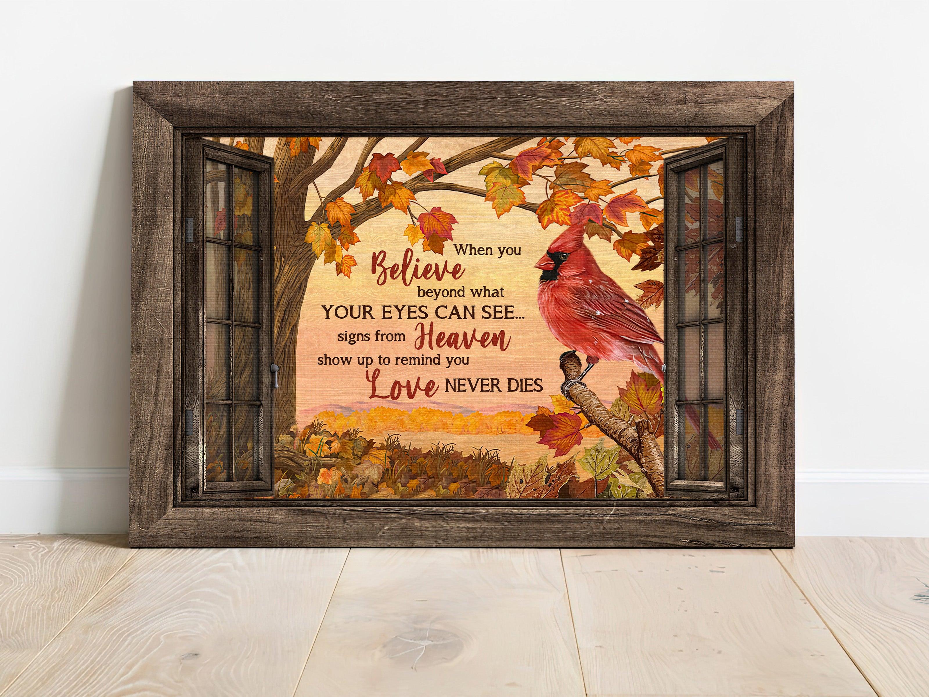Memorial Premium Wrapped Landscape Canvas - Northern cardinal, Red maple leaf, Tree branch, Window frame, Love never dies - Gifts for members family - Image 2