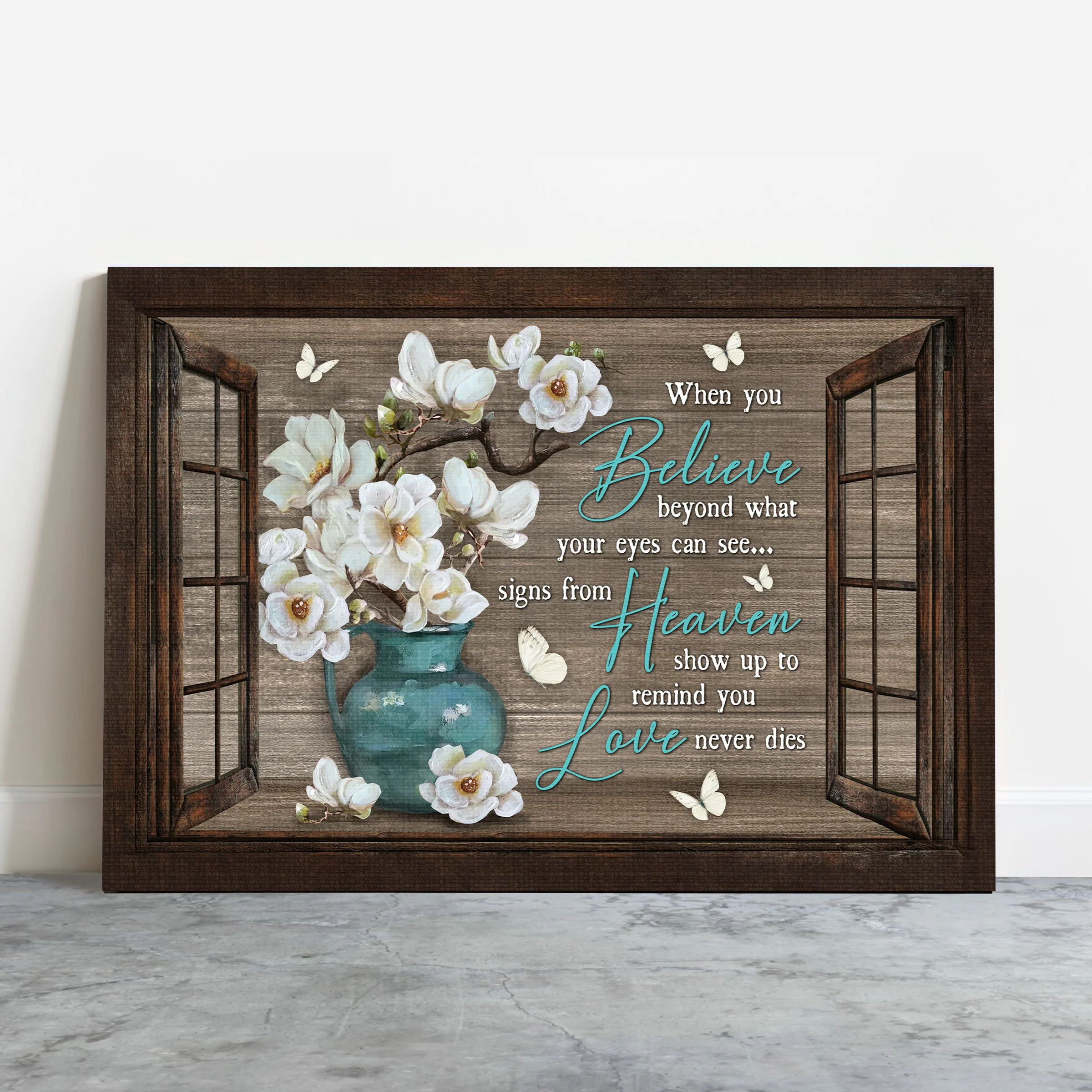 Memorial Premium Wrapped Landscape Canvas - White Flower, White Butterfly, Window Frame, Love Never Dies - Heaven Gift For Members Family - Image 2