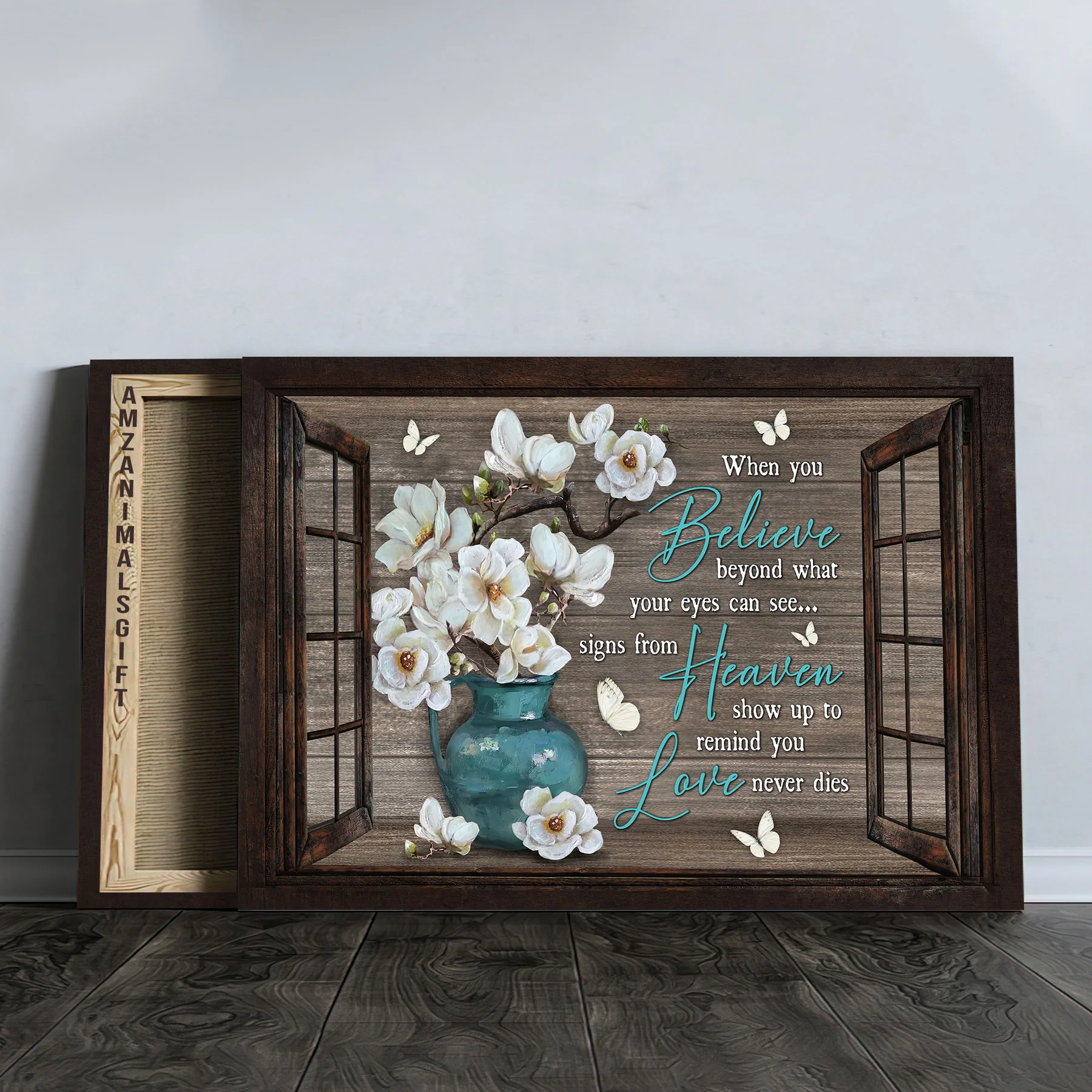 Memorial Premium Wrapped Landscape Canvas - White Flower, White Butterfly, Window Frame, Love Never Dies - Heaven Gift For Members Family - Image 3