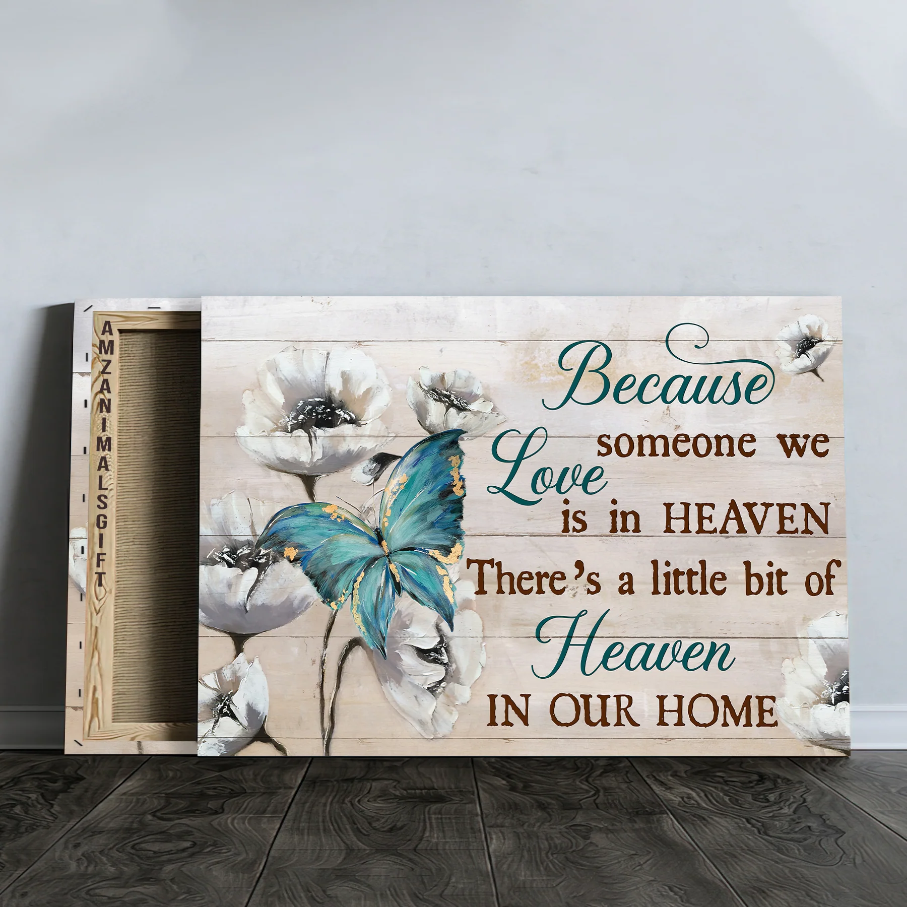 Memorial Premium Wrapped Landscape Canvas - White Poppy, Blue Butterfly, There's A Little Bit Of Heaven In Our Home - Heaven Gift For Members Family - Image 4
