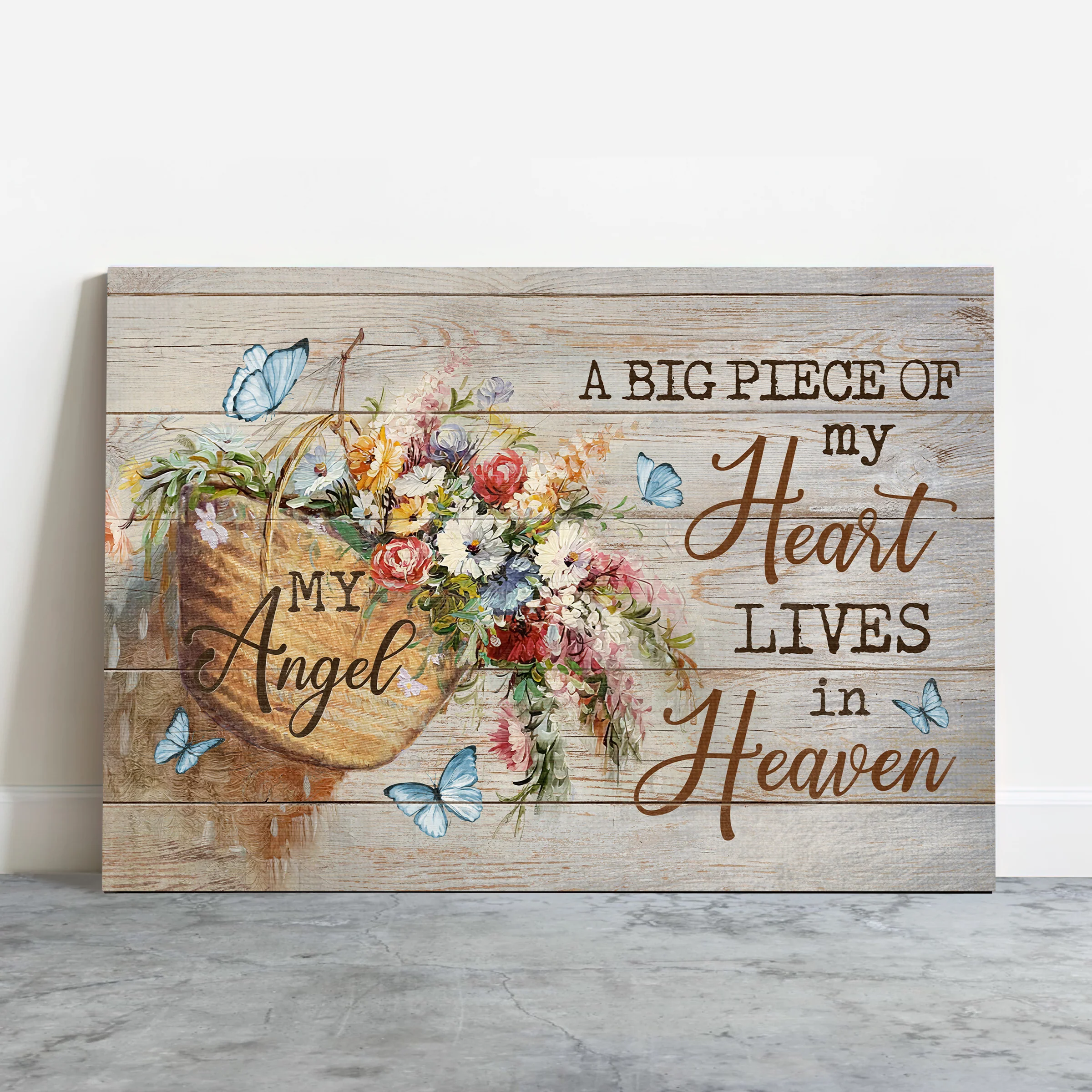 Memorial Premium Wrapped Landscape Canvas - Wild Flower Basket, Butterfly, A Big Piece Of My Heart Lives In Heaven - Heaven Gift For Members Family - Image 2