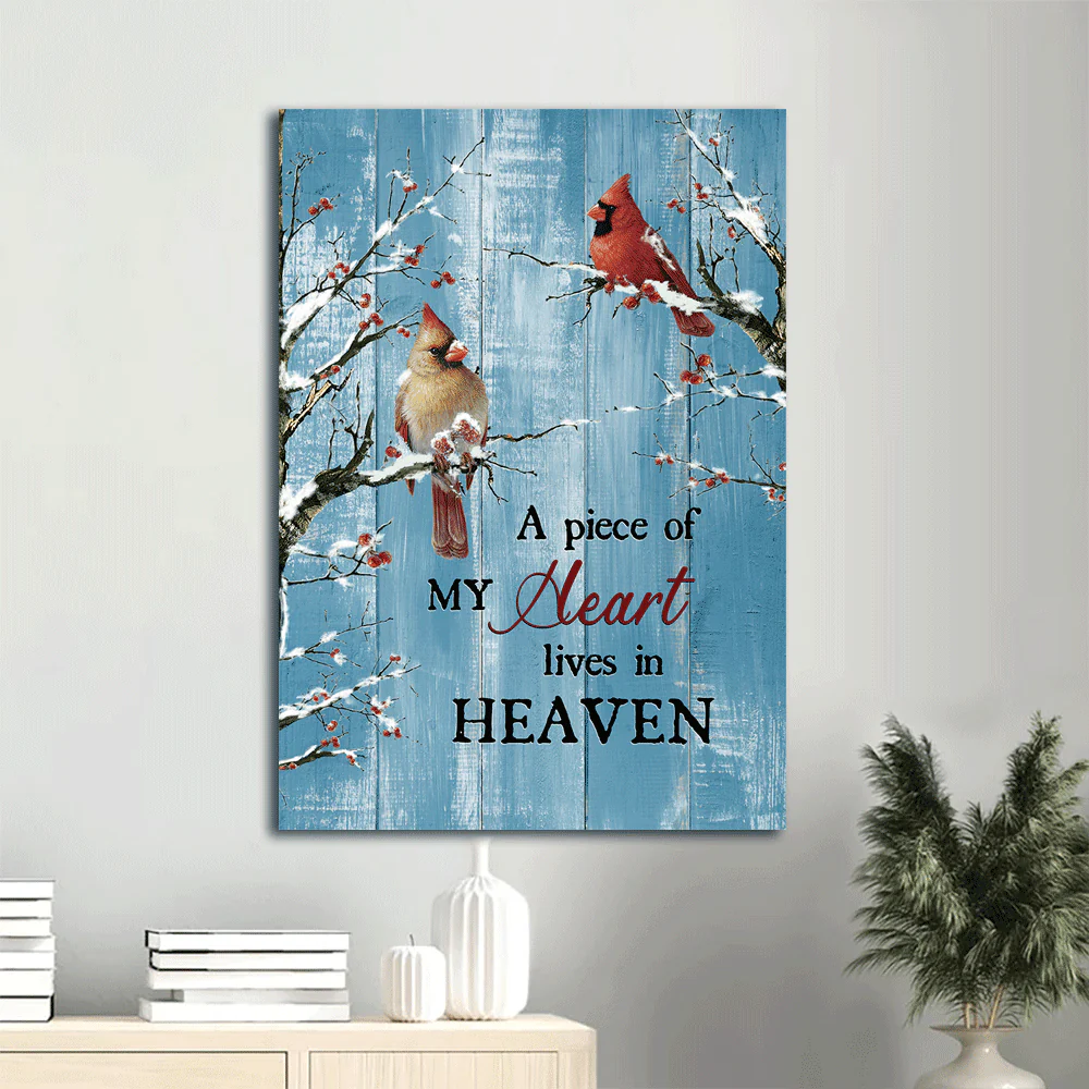 Memorial Premium Wrapped Portrait Canvas- Blue background, Cardinal, Frozen cranberry, A piece of my heart lives in heaven - Gift for family