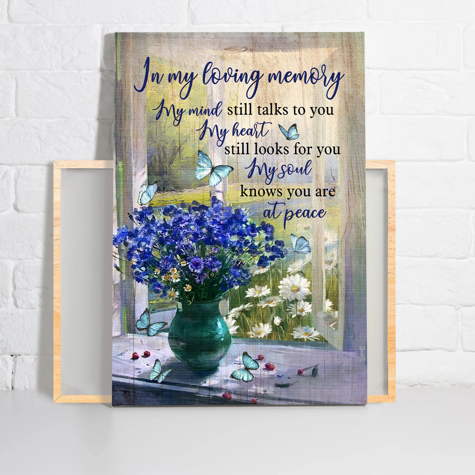 Memorial Premium Wrapped Portrait Canvas - Blue Flower Vase By The Window, Blue Butterfly, My Heart Still Looks For You - Gift For Members Family - Image 2