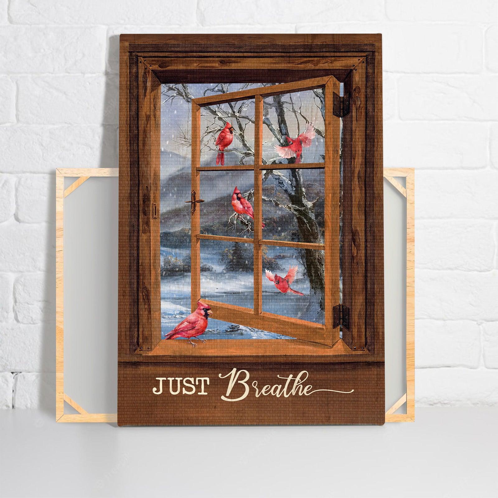 Memorial Premium Wrapped Portrait Canvas - Blue Night, Red Cardinal Drawing, Wooden Window, White Snow, Just Breathe - Heaven Gift For Members Family - Image 2