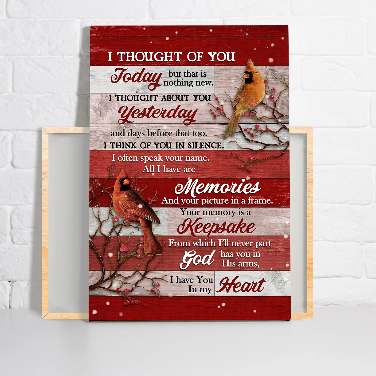 Memorial Premium Wrapped Portrait Canvas - Cardinal Drawing, Watercolor Cranberry, Red Background, I Thought Of You - Gift For Members Family - Image 2
