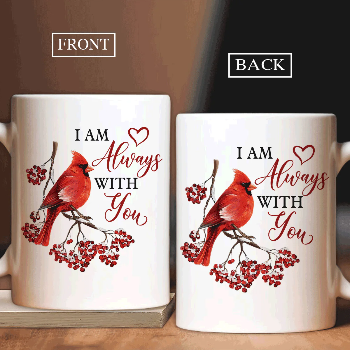 Memorial White Mug - Red cardinal, Winter tree painting - Gift for members family - I am always with you - Heaven White Mug.