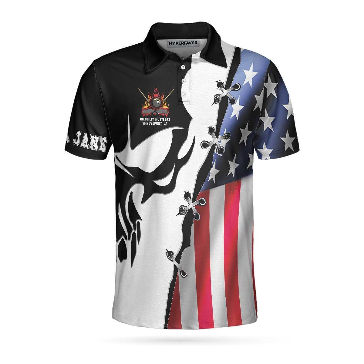 Men Billiard Polo Shirt - Personalized US Flag Billiards Men Polo Shirt, Hillbilly Hustlers Custom Polo Shirt, Best Gift For Billiards Lovers - Image 2