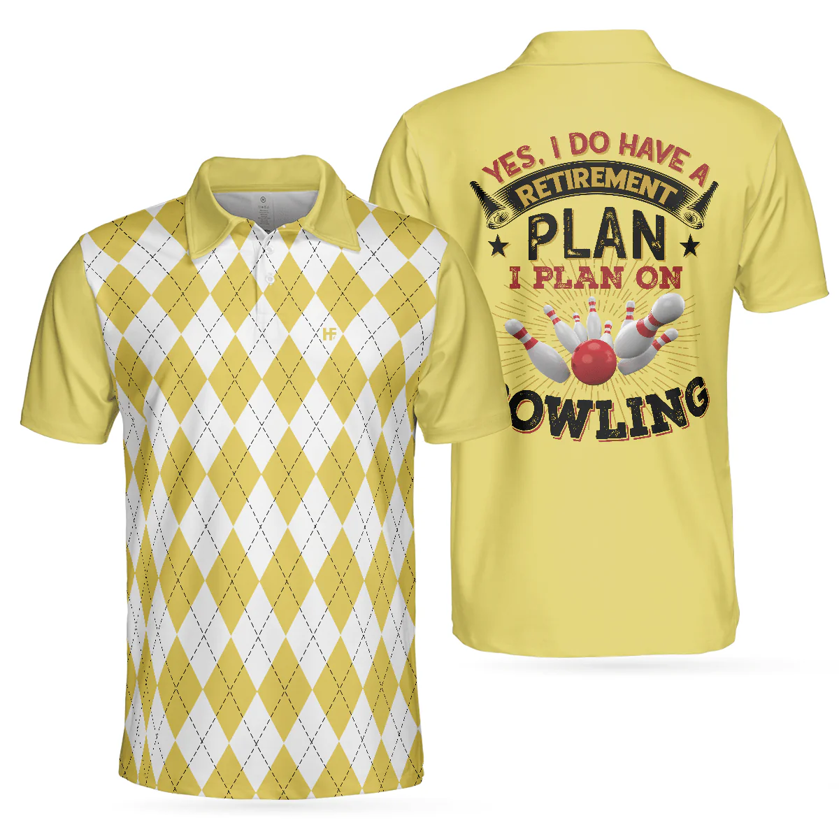 Men Bowling Polo Shirt - Yes I Do Have A Retirement Plan I Plan On Bowling Polo Shirt, Yellow Argyle Pattern Shirt, Gift For Bowlers - Perfect Gift For Men