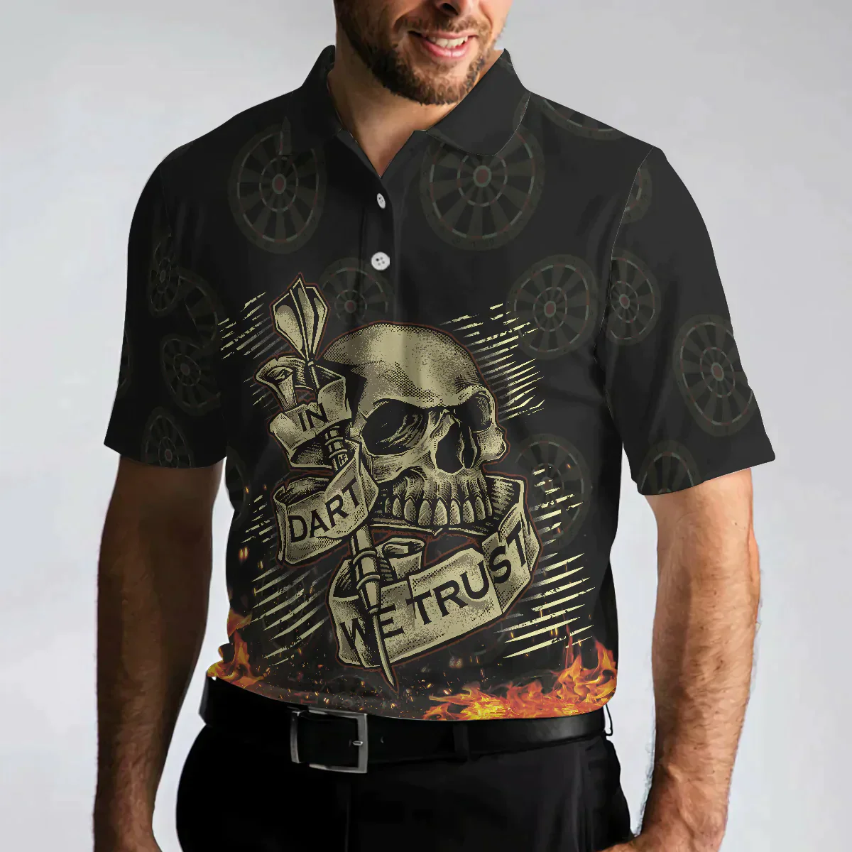 Men Dart Polo Shirt - Fire Play Hard Skull Men Polo Shirt, In Dart We Trust Short Sleeve Polo Shirt, Cool Dart Shirt For Men - Image 4