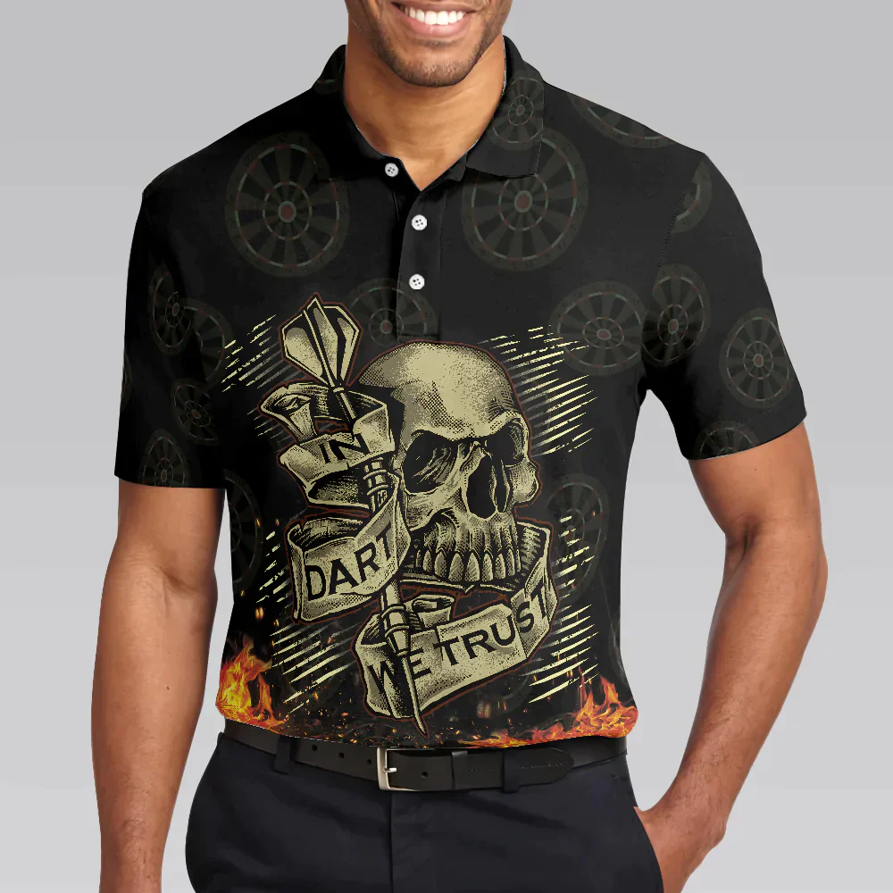 Men Dart Polo Shirt - Fire Play Hard Skull Men Polo Shirt, In Dart We Trust Short Sleeve Polo Shirt, Cool Dart Shirt For Men - Image 5