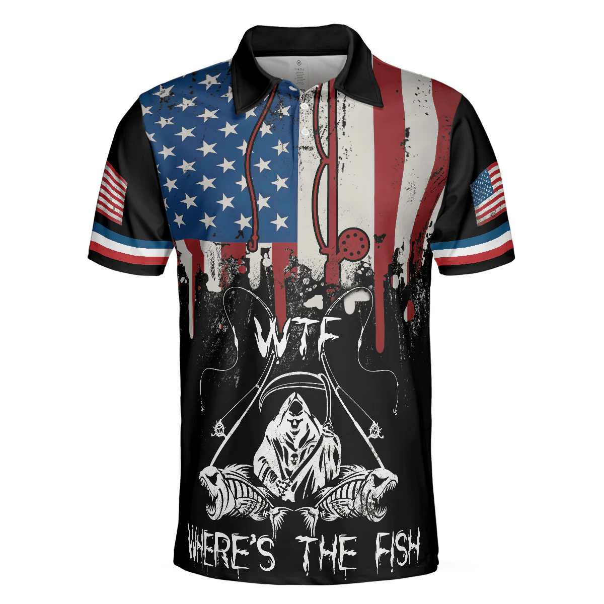 Men Fishing Polo Shirt - Woman Want Me Fishes Fear Me White Version Polo Shirt, Fish Skeleton Reaper US Flag Polo Shirt, Best Fishing Shirt For Men - Image 3