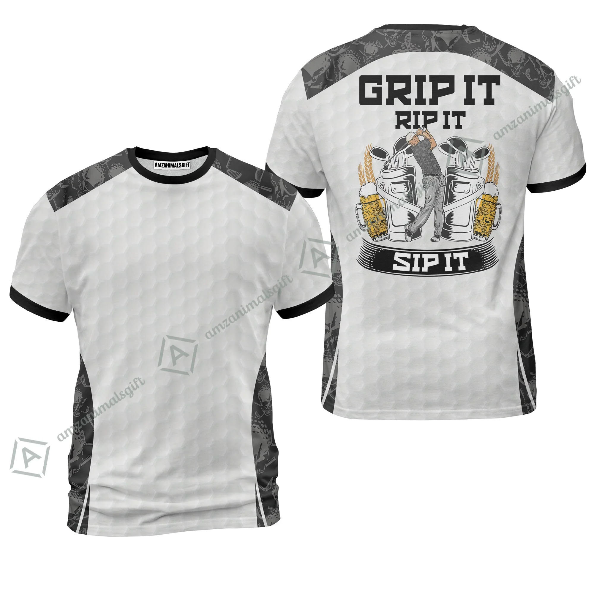 Men Golf Long Polo Shirt - Golf Ball Pattern Skull, Grip It Rip It Sip It Golf White Men Polo Shirt - Image 9