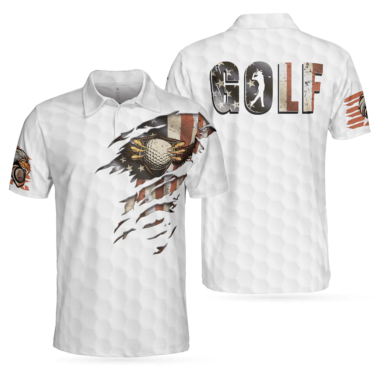 Men Golf Polo Shirt -American Flag Golfer Eagle Golf Ball Texture Men Polo Shirt, Ripped American Flag Polo Shirt - Perfect Polo Shirt For Men, Golfers