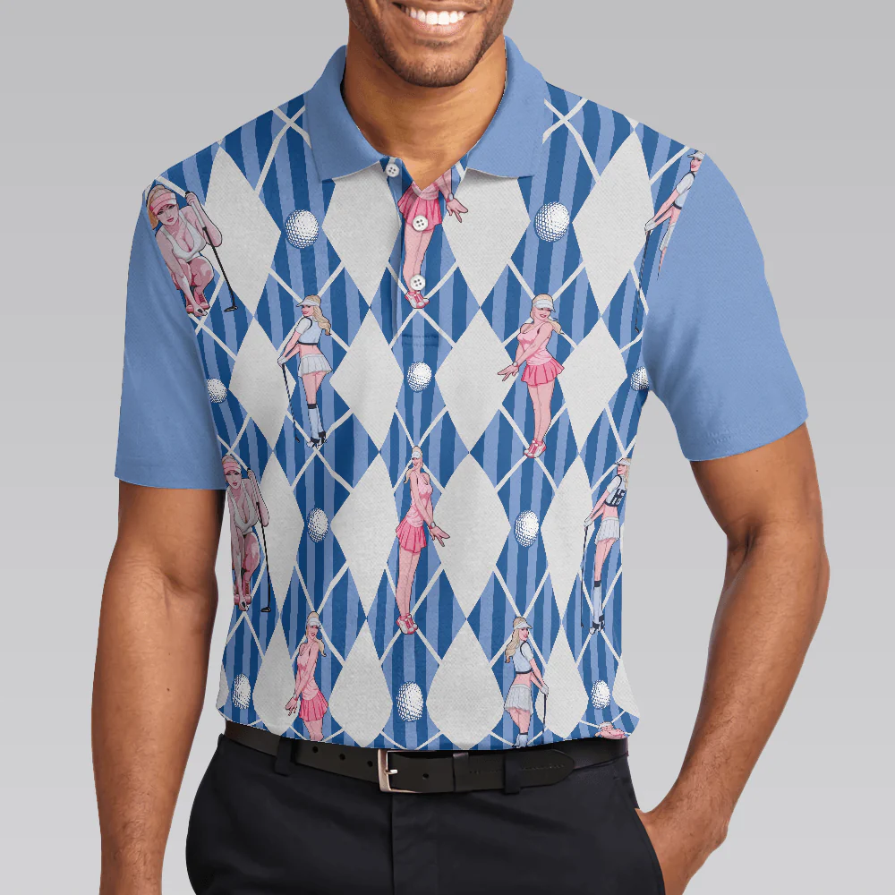 Men Golf Polo Shirt - Blue Hot Golf Short Sleeve Polo Shirt, Argyle Pattern Fun Golf Shirt For Men - Perfect Gift For Men, Golfers - Image 4
