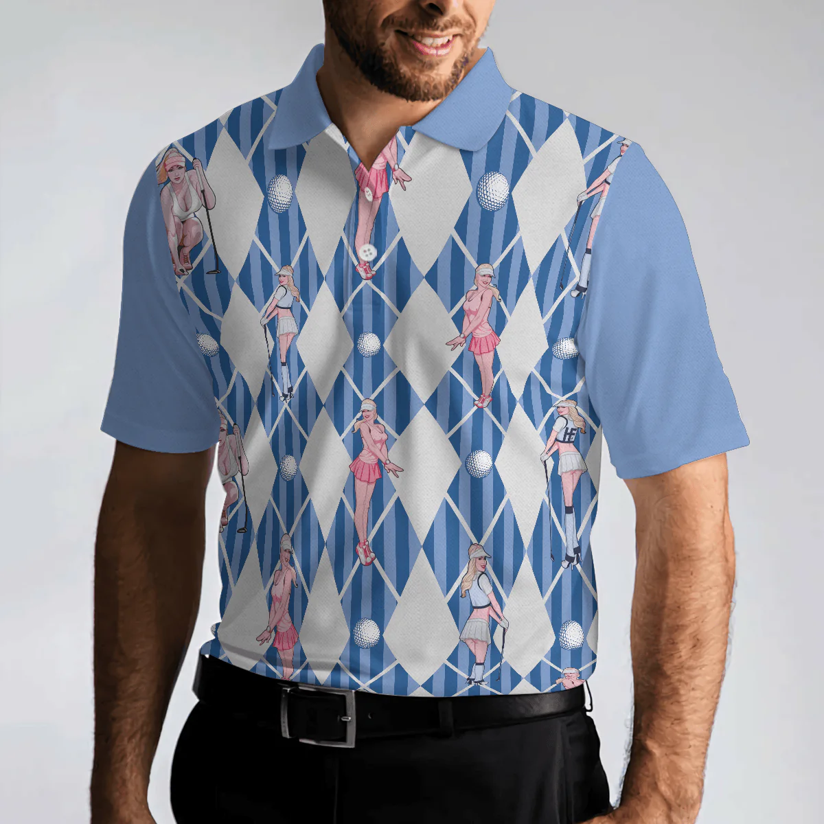 Men Golf Polo Shirt - Blue Hot Golf Short Sleeve Polo Shirt, Argyle Pattern Fun Golf Shirt For Men - Perfect Gift For Men, Golfers - Image 5