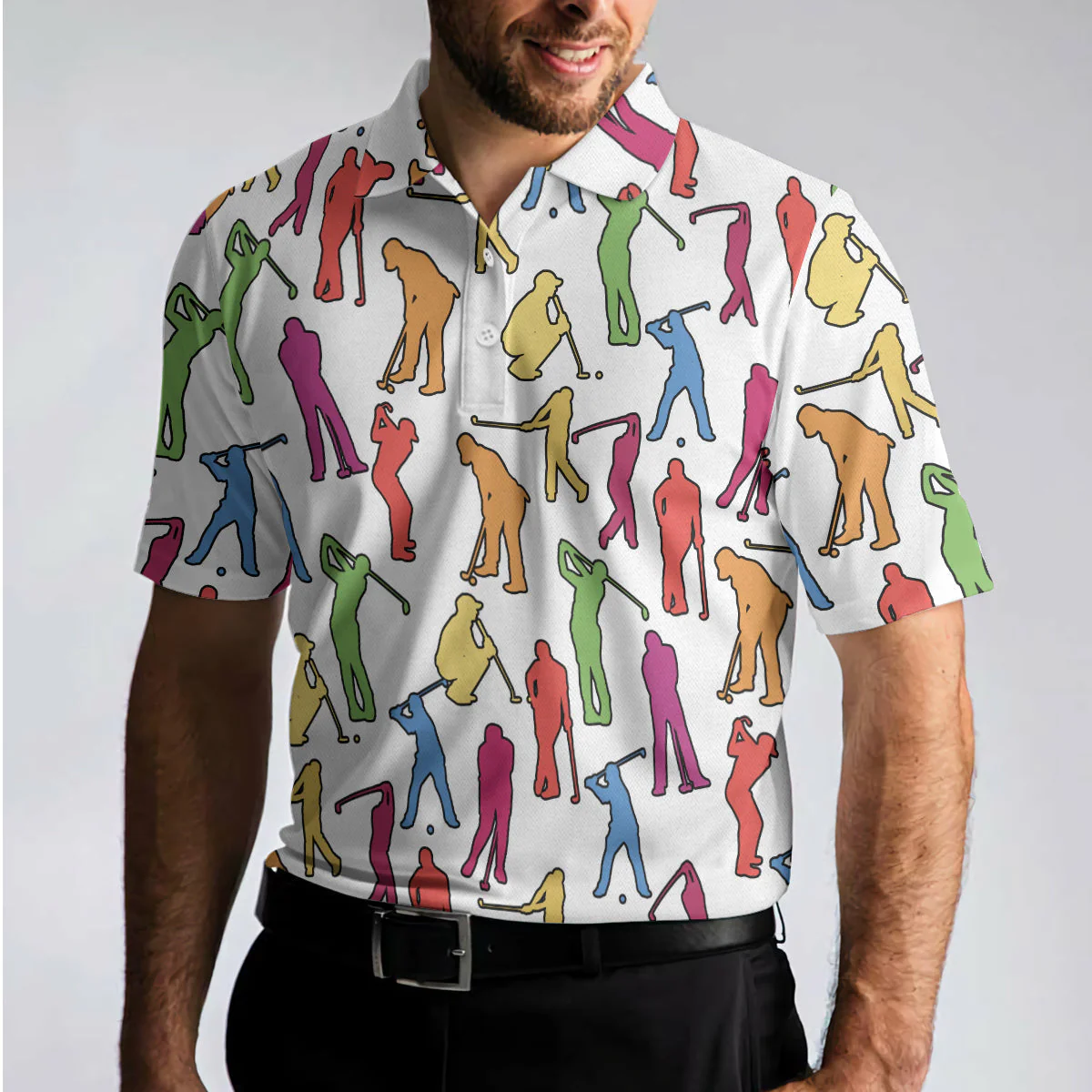 Men Golf Polo Shirt - Colorful Male Golfer Polo Shirt, White Silhouette Polo Shirt, Best Golf Shirt For Men, Golfers - Image 4