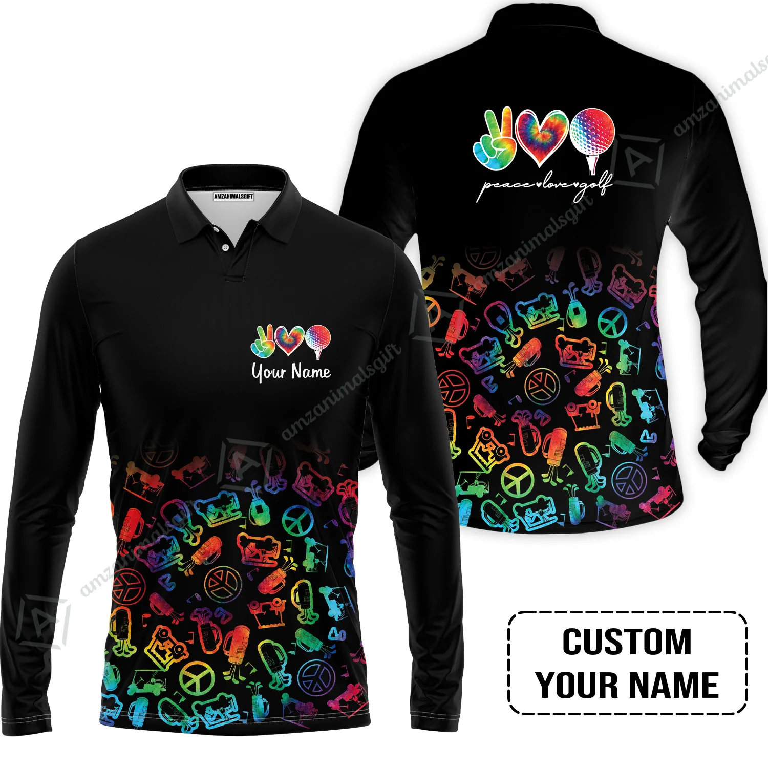 Men Golf Polo Shirt Custom Name, Watercolor Peace Love Golf Golf Icon Personalized Polo Shirt - Image 3