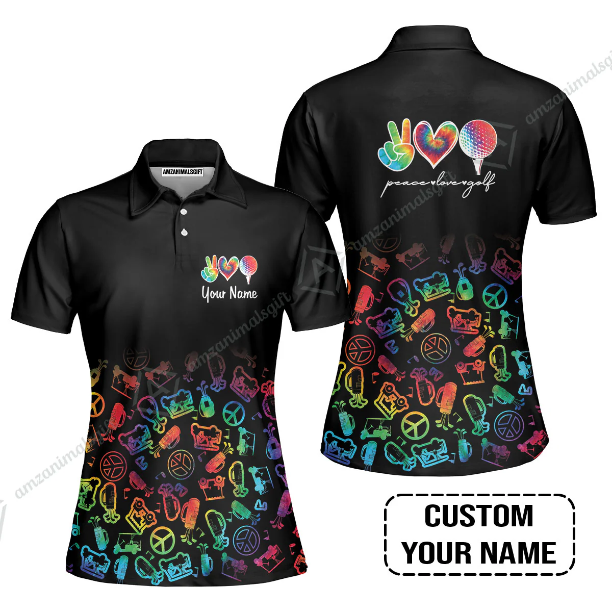 Men Golf Polo Shirt Custom Name, Watercolor Peace Love Golf Golf Icon Personalized Polo Shirt - Image 4