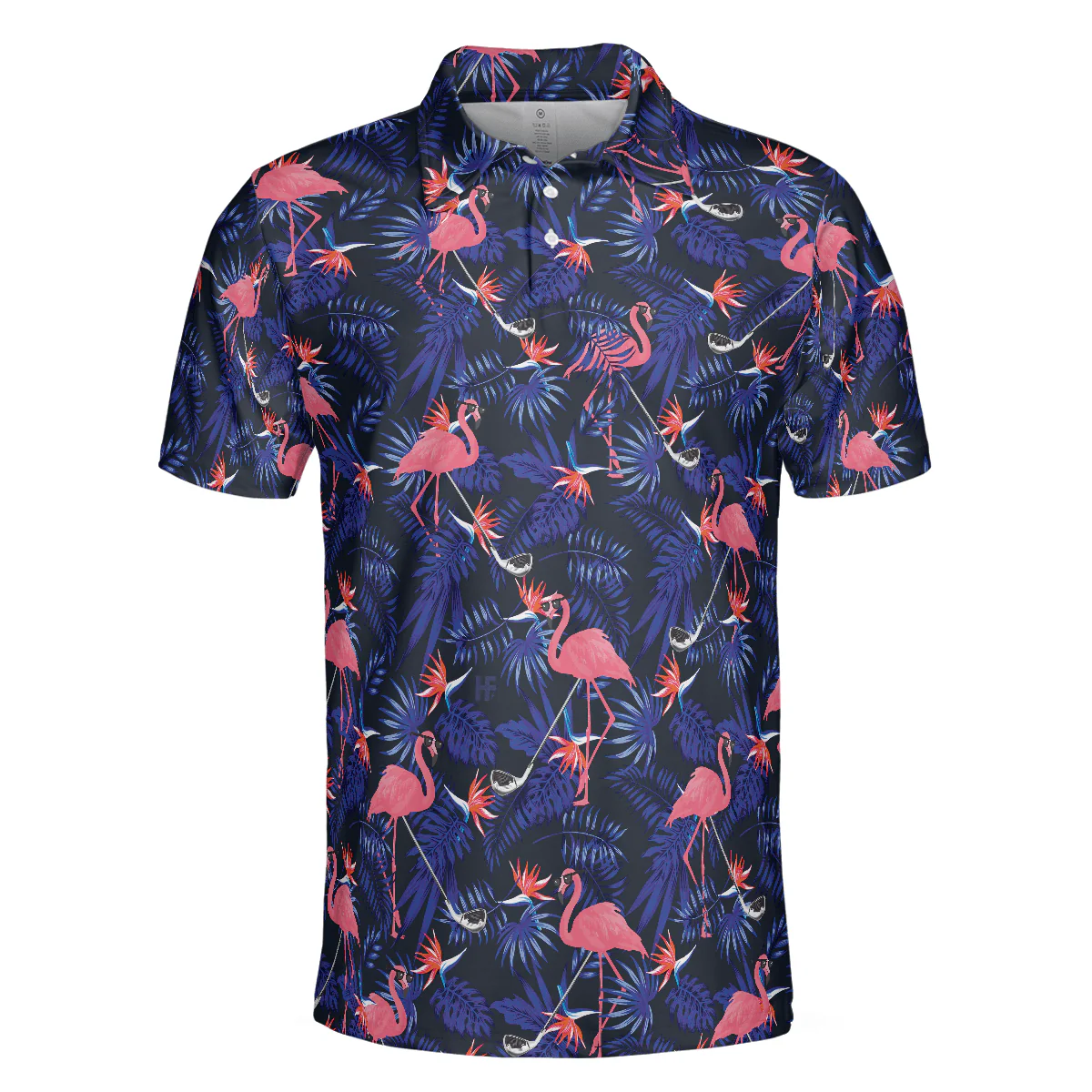 Men Golf Polo Shirt - Flower And Flamingo Golf Polo Shirt, Blue Flamingo Pattern Men Polo Shirt - Perfect Polo Shirt For Men, Golfers - Image 3