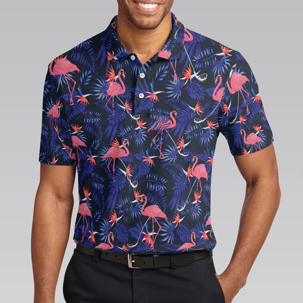 Men Golf Polo Shirt - Flower And Flamingo Golf Polo Shirt, Blue Flamingo Pattern Men Polo Shirt - Perfect Polo Shirt For Men, Golfers - Image 4