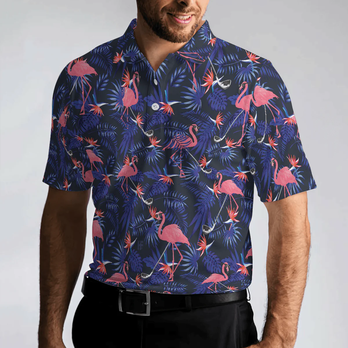 Men Golf Polo Shirt - Flower And Flamingo Golf Polo Shirt, Blue Flamingo Pattern Men Polo Shirt - Perfect Polo Shirt For Men, Golfers - Image 5