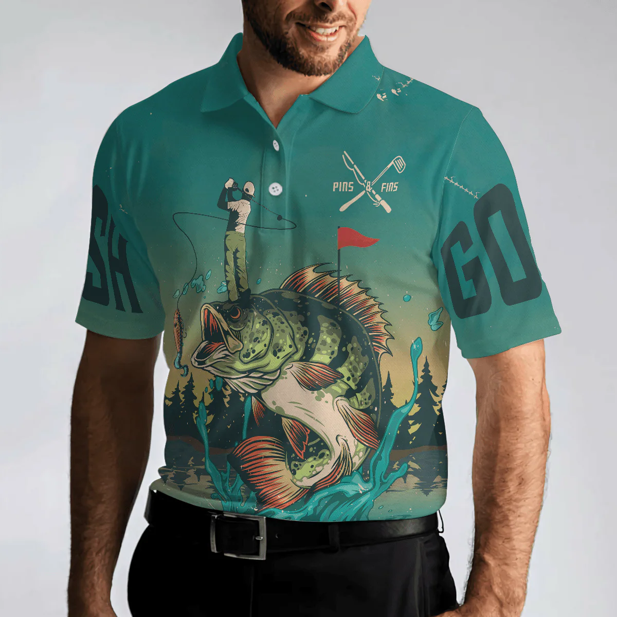 Men Golf Polo Shirt - Fly Fishing And Golf Men Polo Shirt, Fish On Golf On Pa-Pow Fishing Men Polo Shirt - Perfect Polo Shirt For Men, Golfers - Image 4