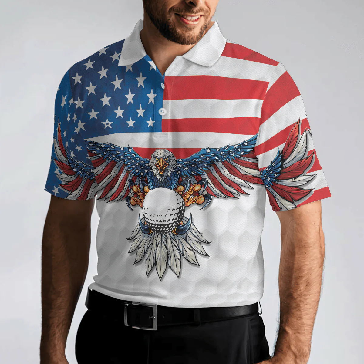 Men Golf Polo Shirt - Golf American Flag Eagle Wings, White Golf Pattern And Golf Ball Men Polo Shirt - Perfect Polo Shirt For Men, Golfers - Image 5