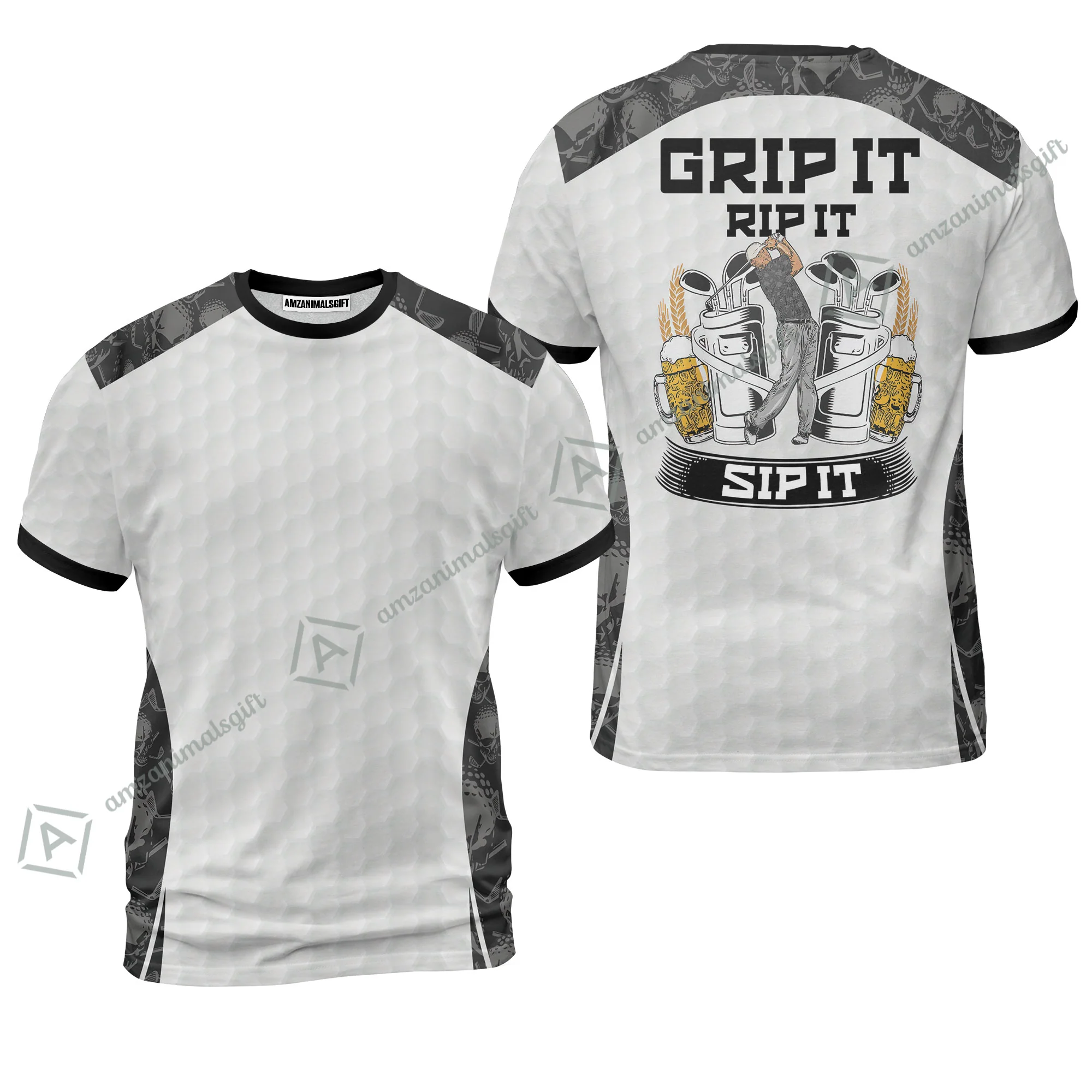 Men Golf Polo Shirt - Golf Ball Pattern Skull, Grip It Rip It Sip It Golf White Men Polo Shirt - Image 9