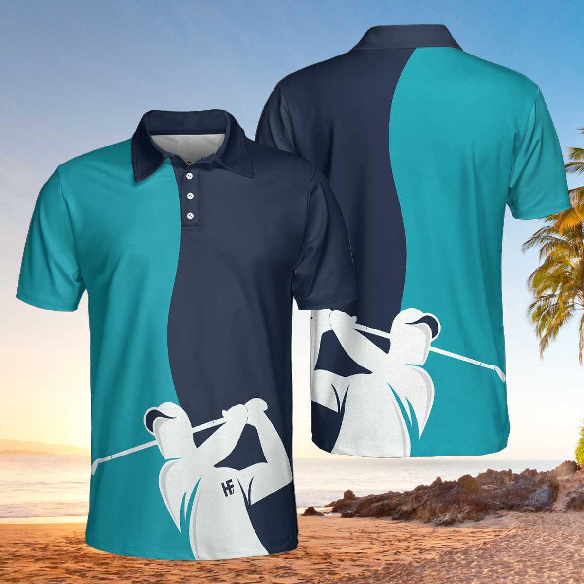 Men Golf Polo Shirt - Golf Blue And Navy Polo Shirt, White Silhouette Golfing Men Polo Shirt, Best Golf Shirt For Men, Golfers